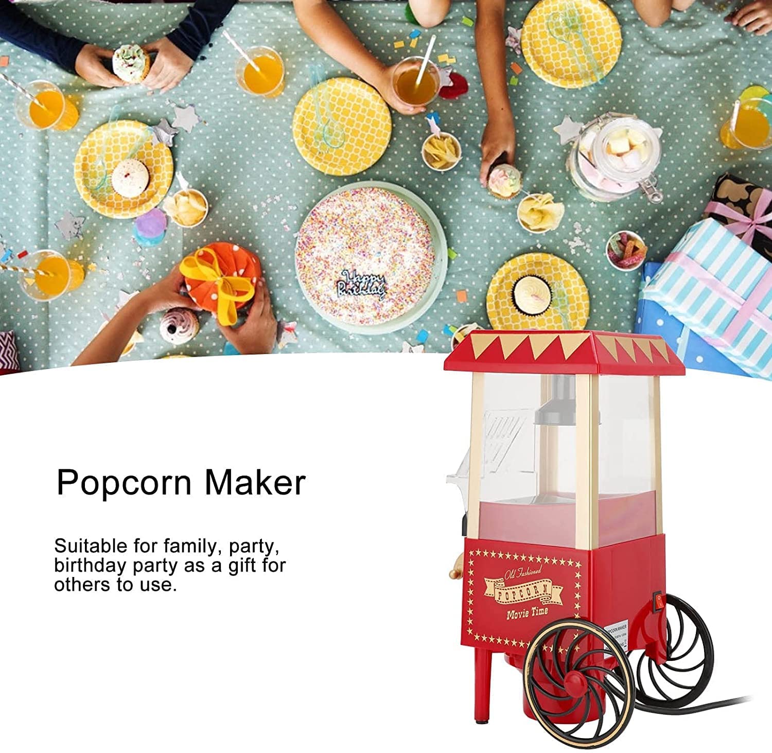 Macchina per Popcorn, Mini Macchina per Popcorn ad Aria Calda Senza Grassi/Senza Olio, Festa di Compleanno Automatica con Piastra Antiaderente