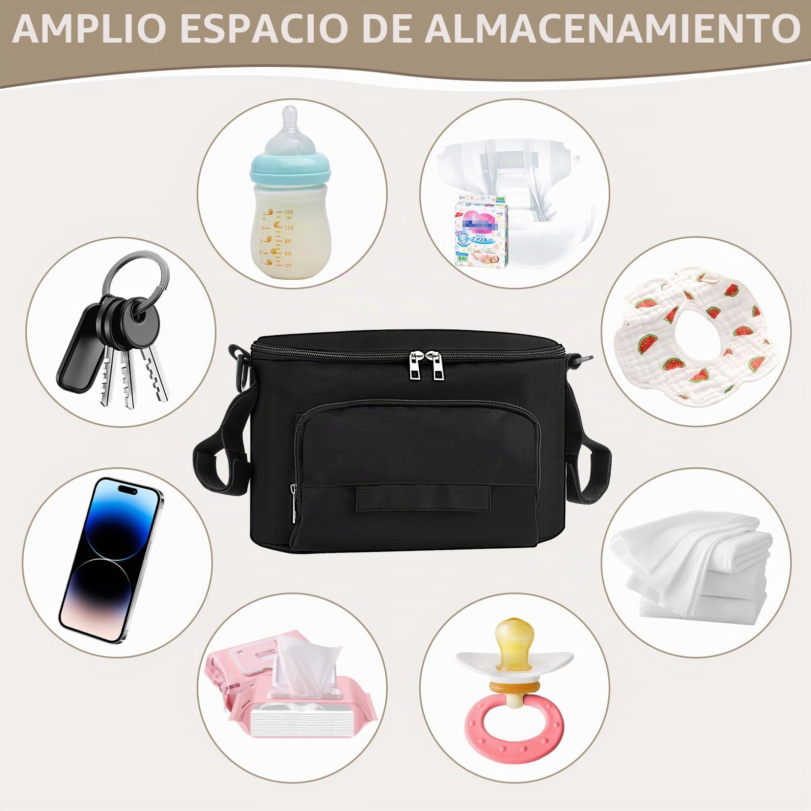 Bolso Carro Bebé Universal, Impermeable Bolsa Organizadora de Cochecitos con Correas, Gran Espacio, Bolsa Organizador de Cochecito para Pañales, Biberón, Pañuelos, Snacks(Negro)