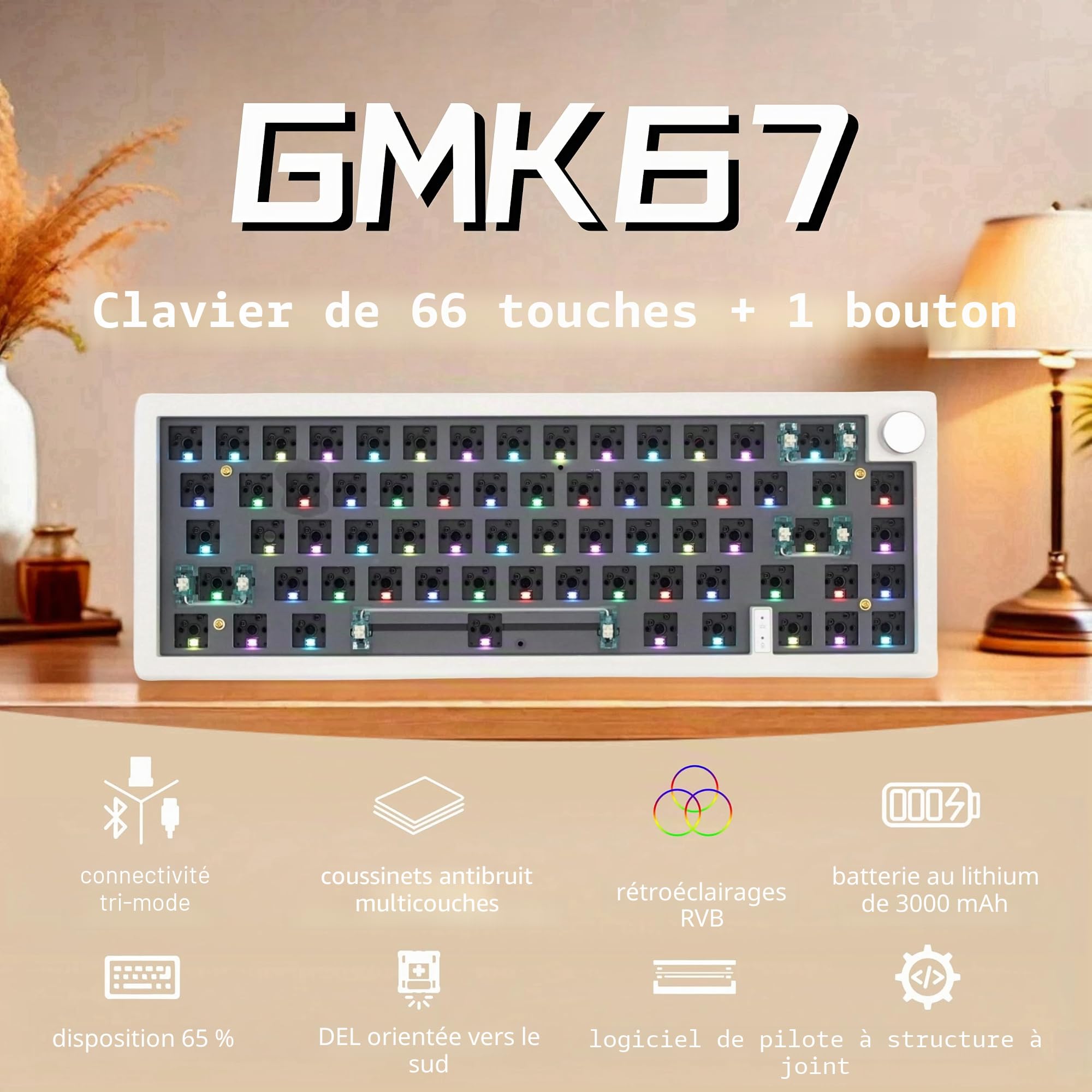 GMK67 Kit de clavier mécanique 65 % trimode orienté au sud RVB LED pour commutateurs 3/5 broches, 66 touches + 1 bouton, prise à chaud PCB, joint d'étanchéité, kit de clavier à monter