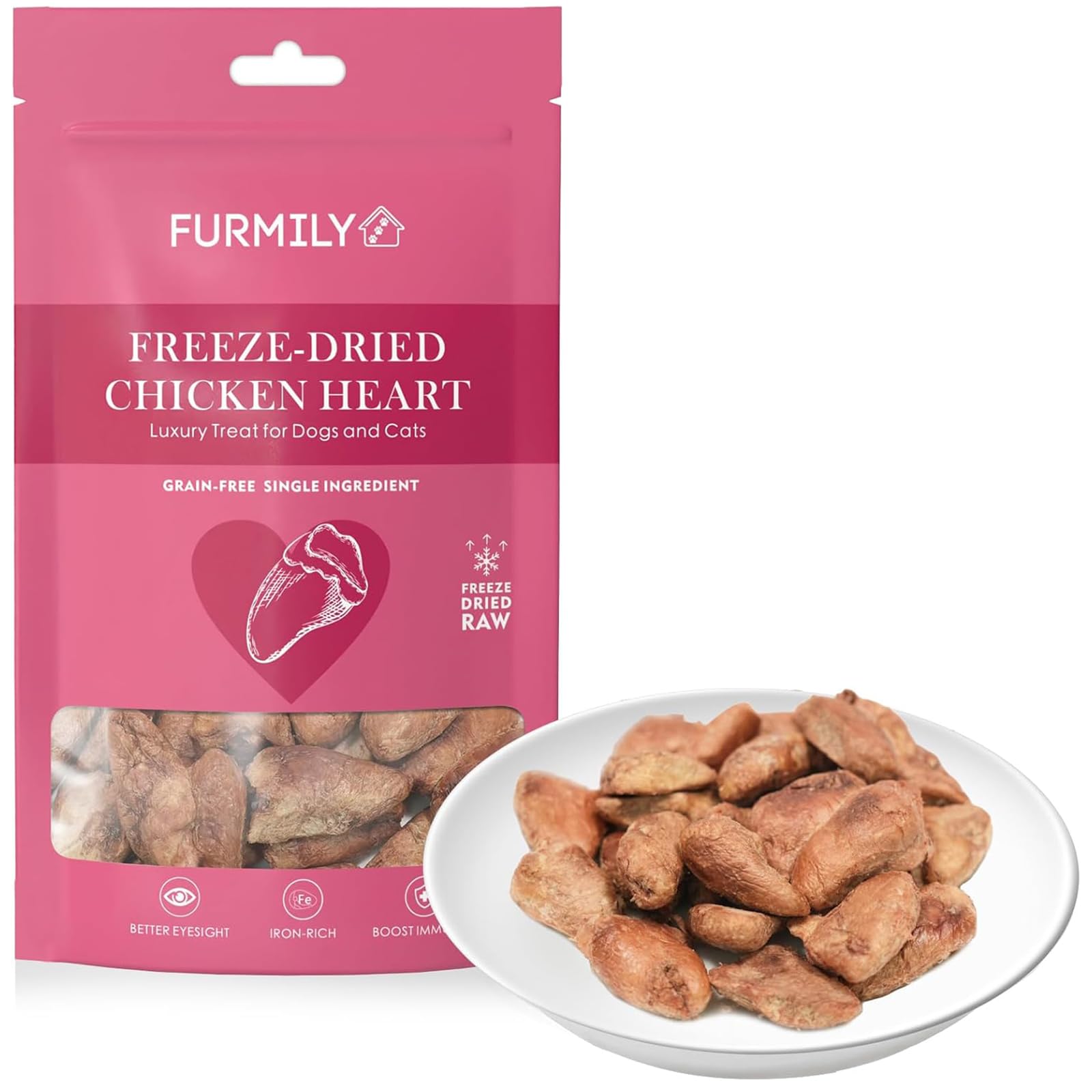 Chicken Hearts for Cats, Freeze Dried Cat Food Topper, 100% Chicken Heart Single Ingredient Treats (40g), Rich Protein, Grain Free No Additives, Easy Digestion for Cats and Dogs