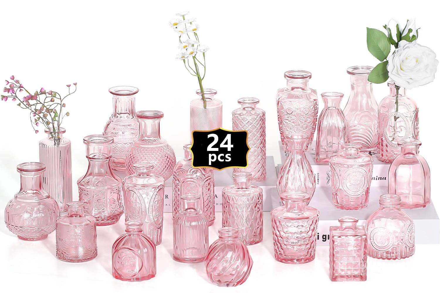 Glass Bud Vases, Set of 24, Mini Flower Vases for Centrepieces, Vintage Bottles for Table Decorations, Wedding Decor, Home, Clear (24, Pink-Orange)