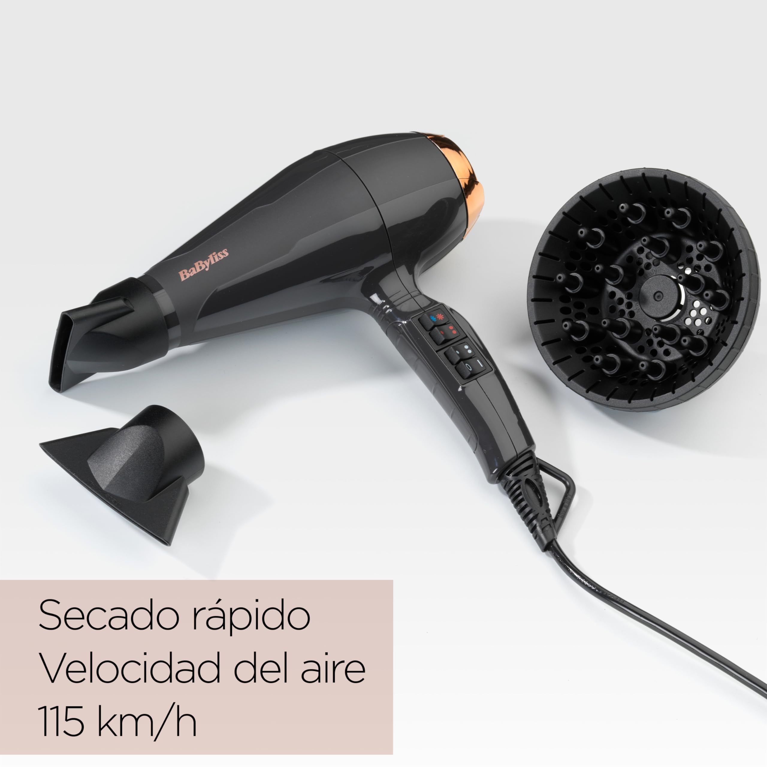 BaByliss Secador de pelo Italian Air Pro con Difusor - Motor AC Profesional, Alta potencia 2200 W, Tecnología iónica antiencrespamiento, 2 temperaturas y 2 velocidades, Made In Italy, Negro, 6719DE