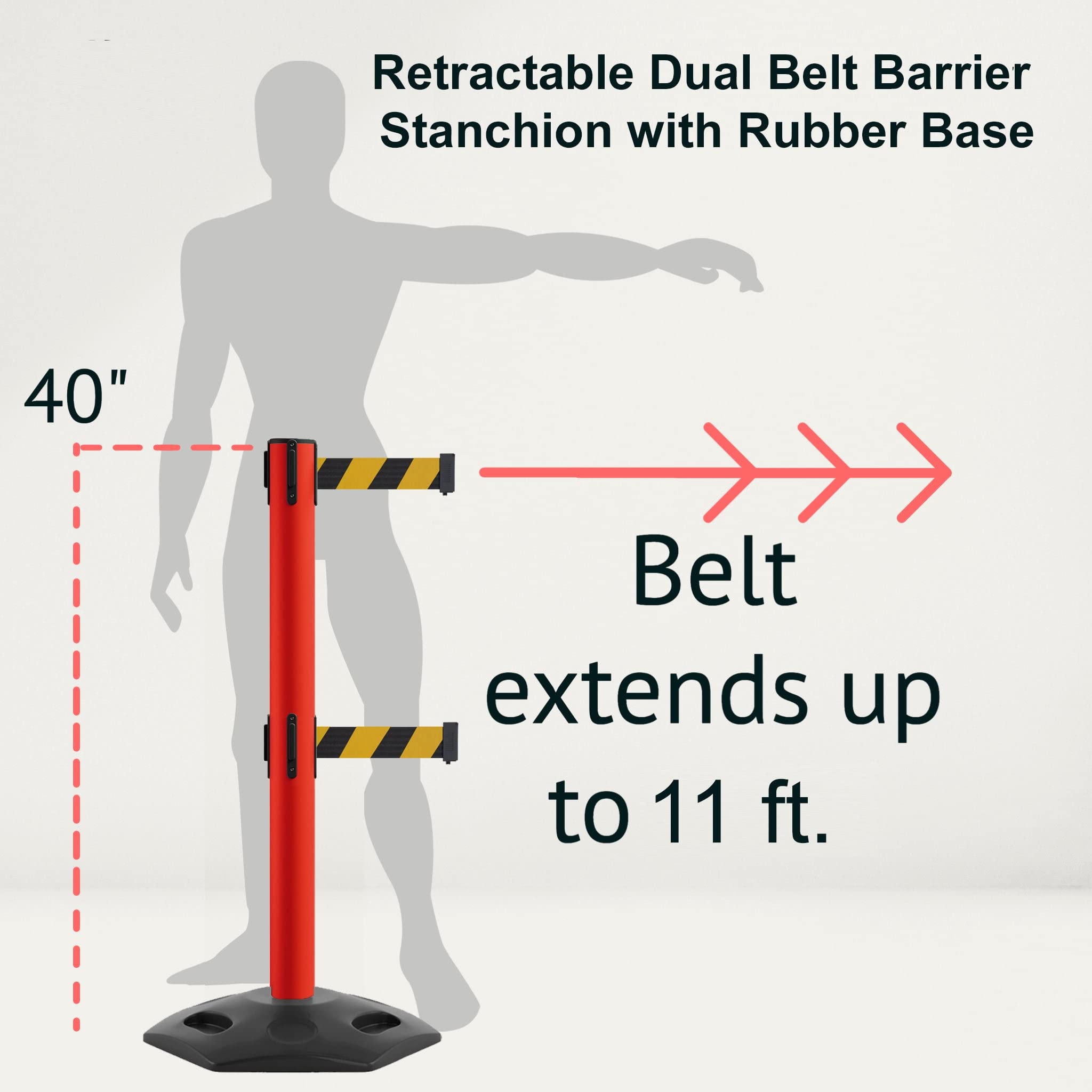 Montour Line MSR630D Set of 2 Retractable Belt Barrier Stanchion, Heavy-Duty Rubber Base, Red Post (11 ft Black and Red Diagonal Dual Belt)