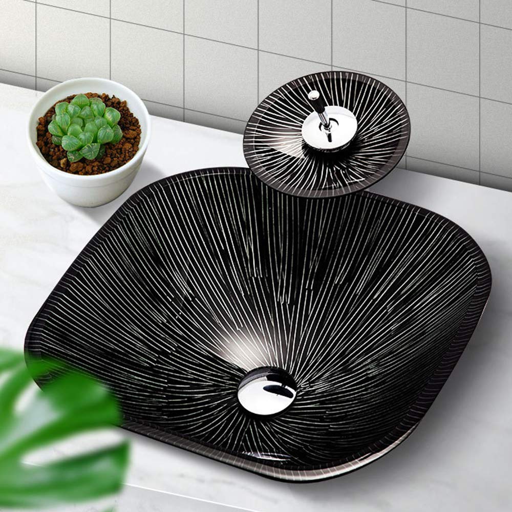 WOTZOV Cabinet Countertop Sink Artistic Tempered Glass Vessel Sink Bathroom Sink And Faucet Combo With Faucet,Black,A,Black A