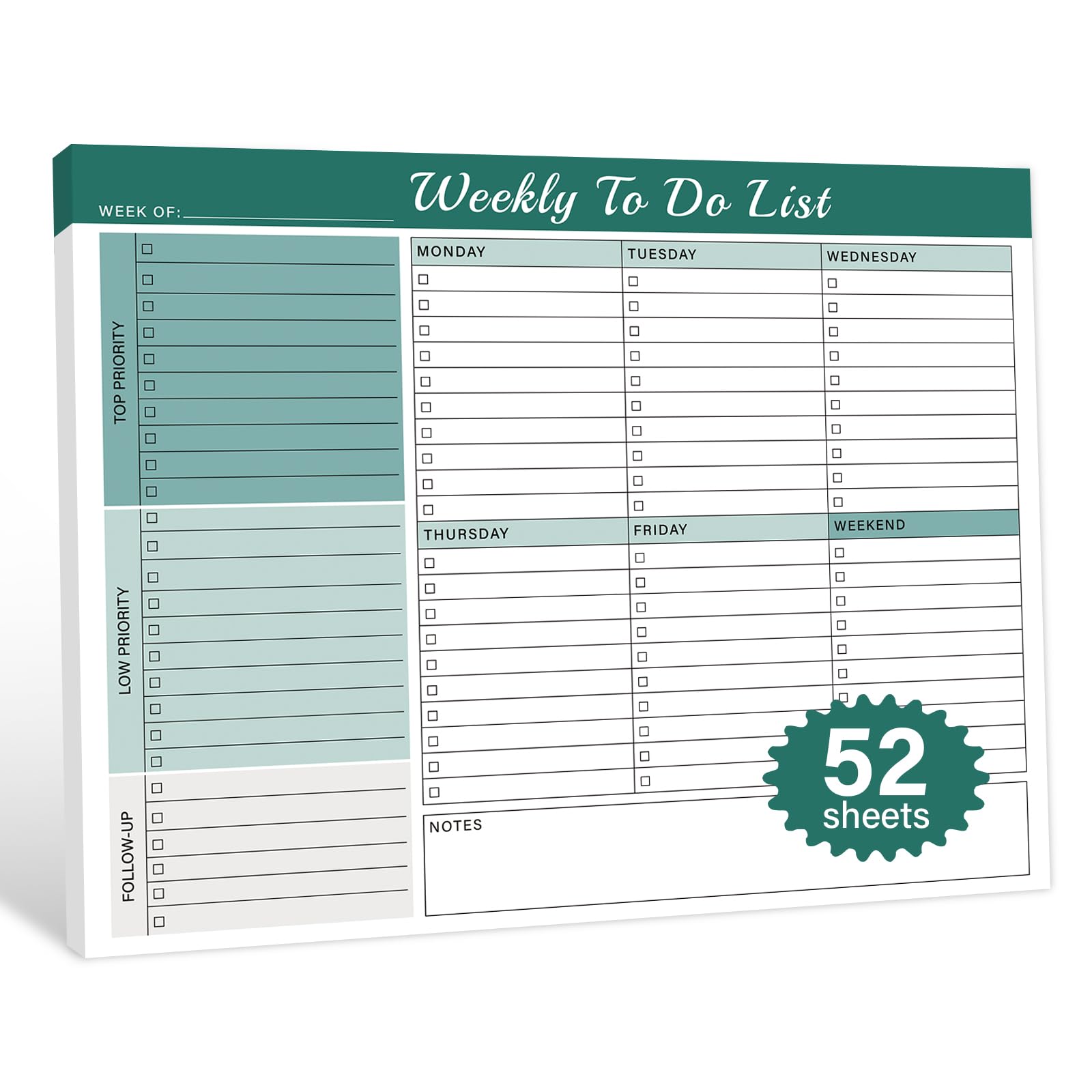 Weekly To Do List Notepad - 52 Undated Glue Bound Tear-Off Sheets (8.5"x11") for Desk Planning | Home, Work & School Organization Pad for Women & Men