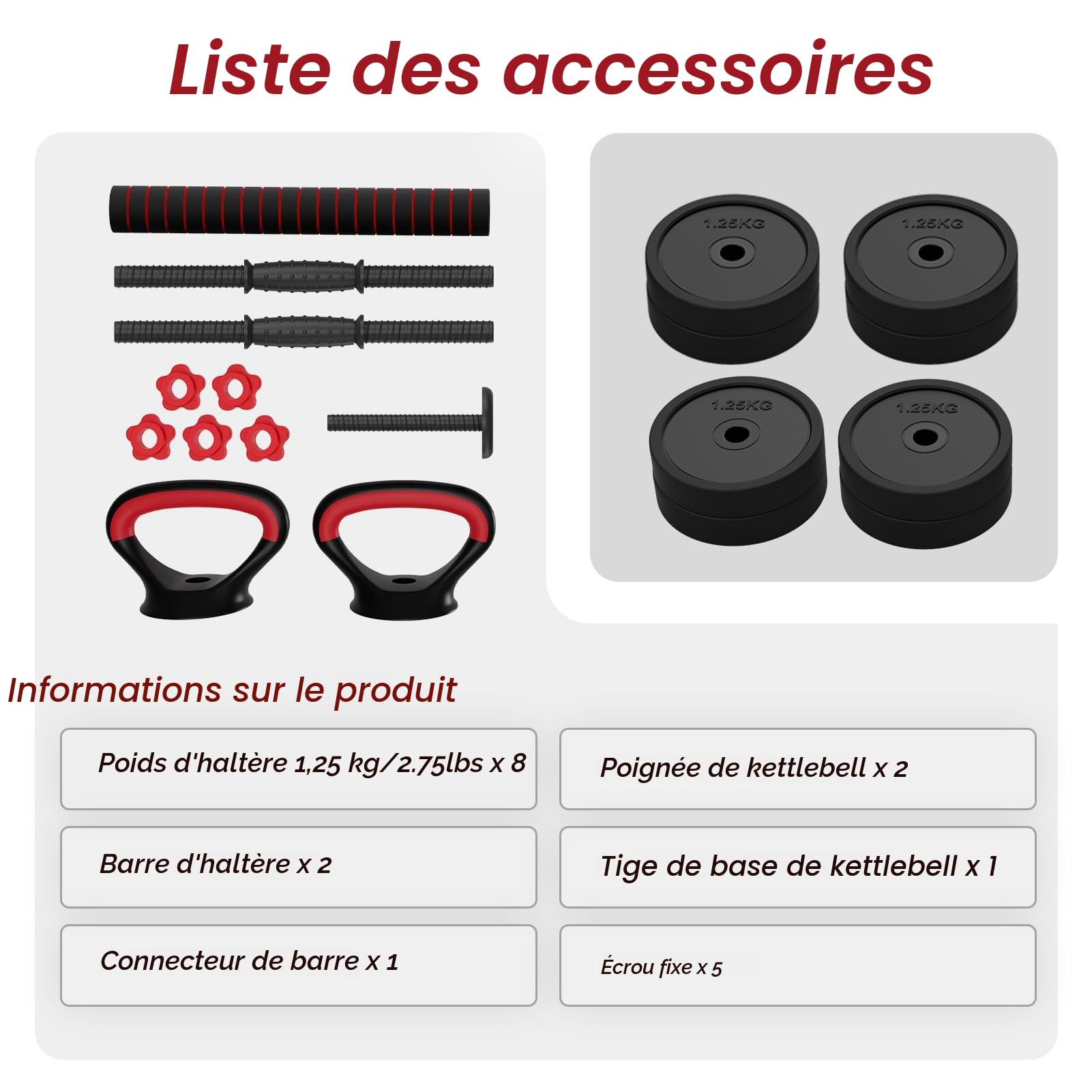 JOROTO Set d'haltères réglable, 10KG/30KG Set d'haltères de poids avec prise, 4 en1 Set de poids d'entraînement pour Home Gym, Haltère long, Kettlebells, Push up Stand Appareils de fitness