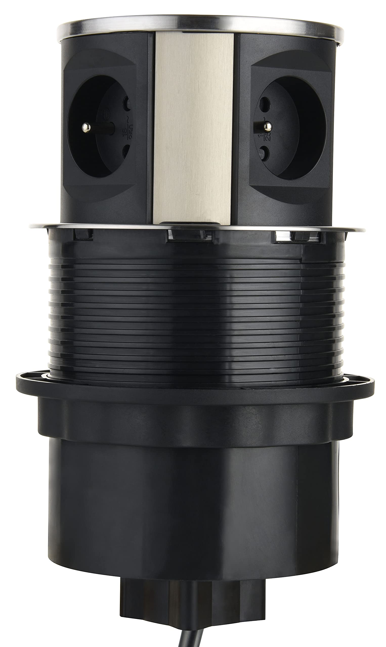 Electraline 35446 - Regleta de enchufes retráctiles (3 16 A, estándar francés, 2 3,1 A, 1 USB Tipo C, 15,5 W, Enchufe empotrable para Cocina, diámetro 120 mm, 2 m, Negro, Vertical