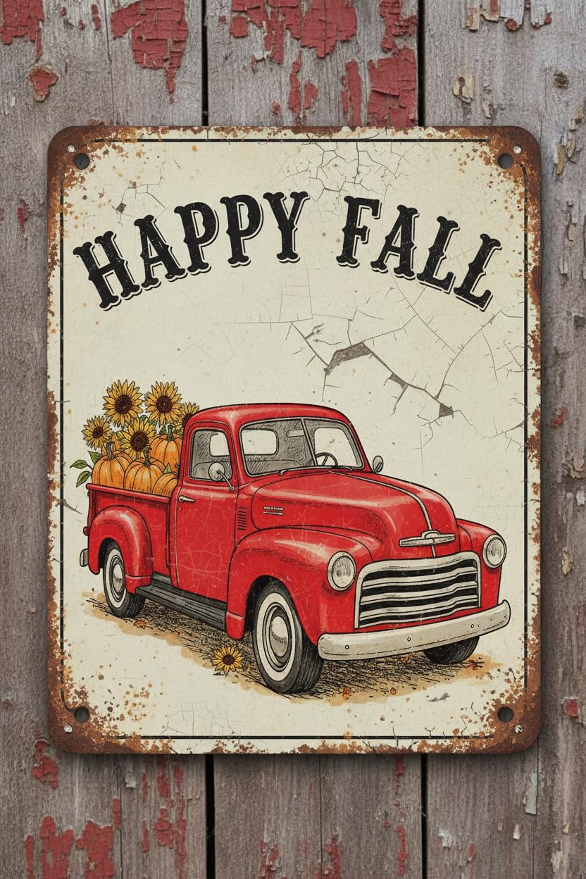 Happy Fall Pumpkin Red Truck Rustic Metal Tin Sign Vintage Autumn Sunflower Maple Leaves Thanksgiving Farmhouse Wall Art 8x12inch