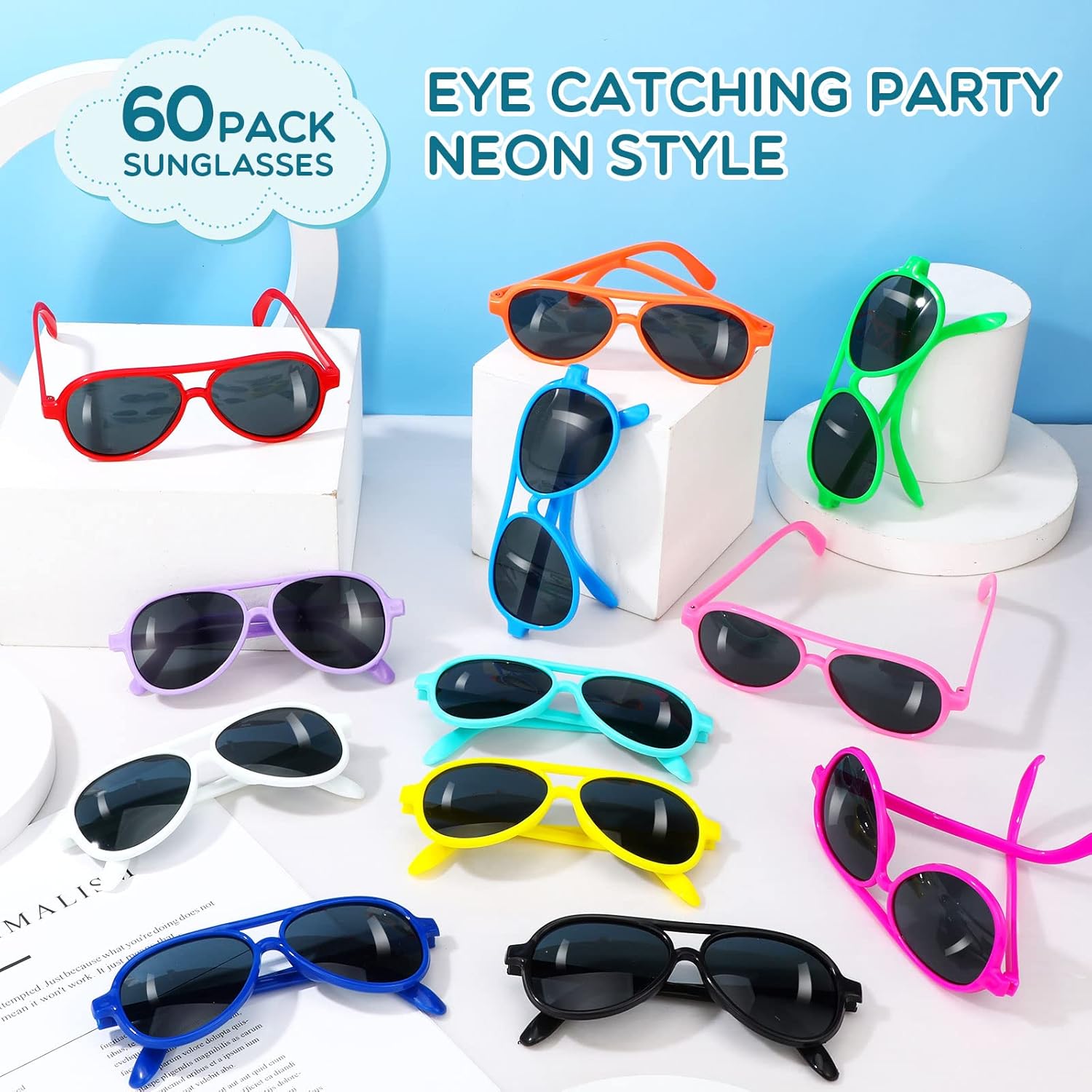 TOODOO 60 Packs Kids Sunglasses Bulk Sunglasses for Kids and Adults Neon Glasses with Dark Lenses 80's Style for Party Favor