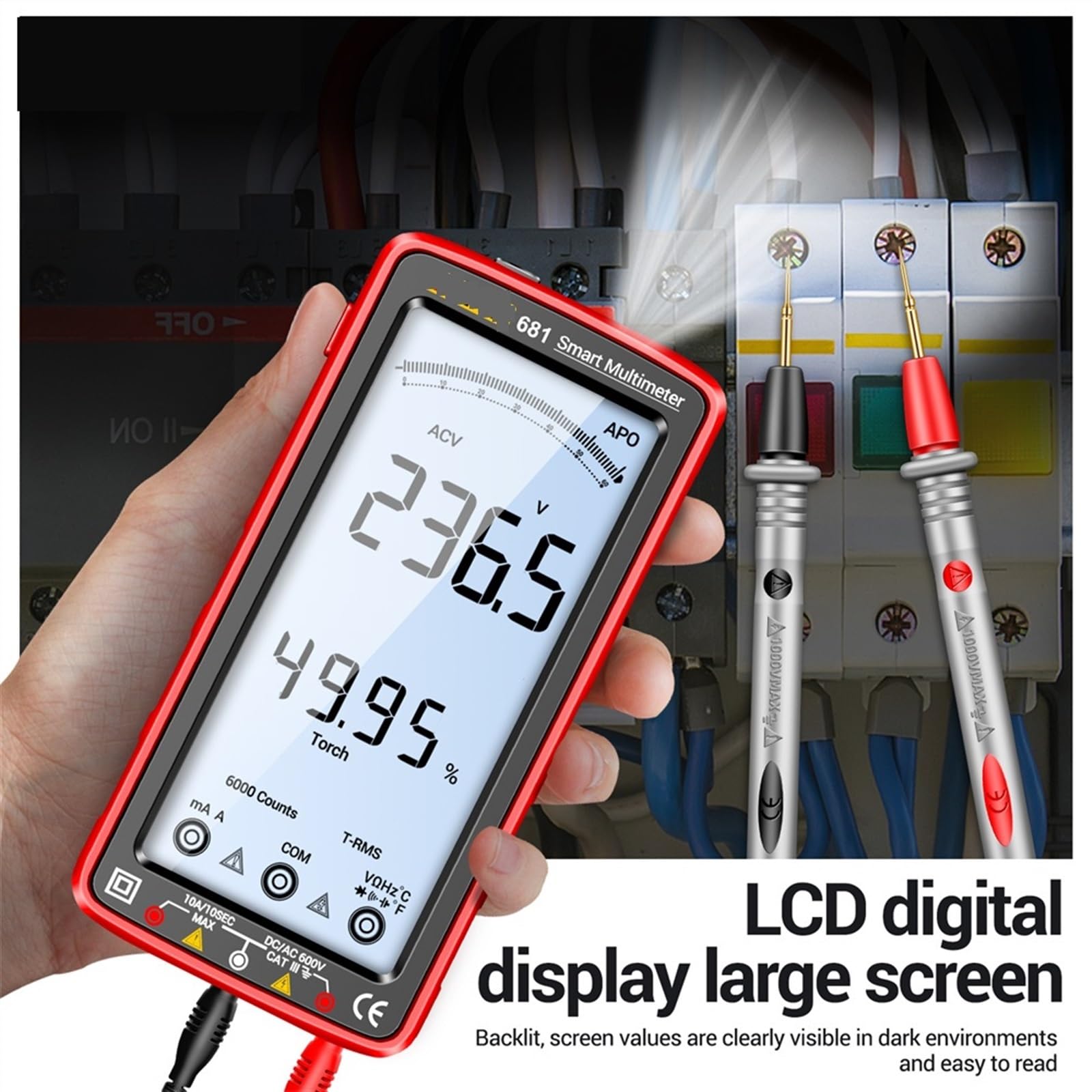 Wielu testerów 681 inteligentny multimetr akumulatorowy zapobiegający spalaniu True RMS multimetr tester napięcia Hz Ohm miernik diodowy z osłoną ekranu LCD (Color : 681 red)
