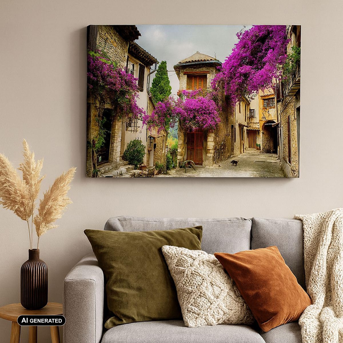 Lienzo Decorativo 120x80cm Moderno Horizontal Arquitectura Botánica - 3589 | Calle Verano Flores Cuadro sobre Lienzo Grande Arte mural Decoración del Hogar Salón Dormitorio Oficina Cuadros de Pared