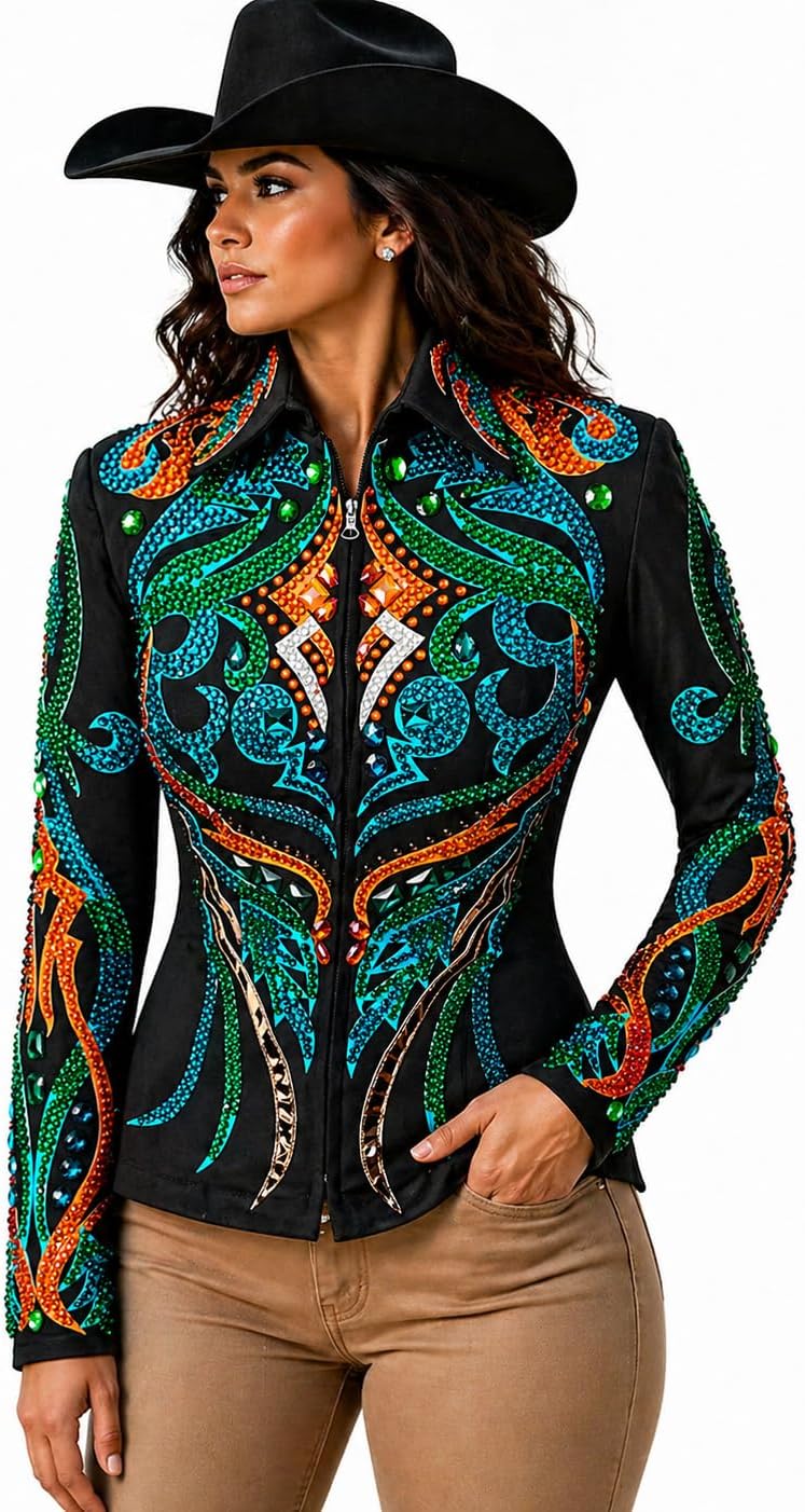 Western Women's Showmanship Jackets Glass Stone Embedded Handmade Embroidery Equestrian Outfit Multicolour