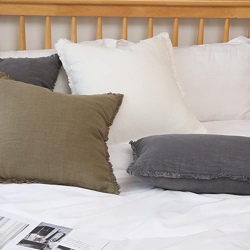 Miniatura 6 de Hckot Funda de almohada de lino de 20 x 20 pulgadas, funda de almohada lumbar azul marino con borlas y flecos, cojines decorativos rústicos para