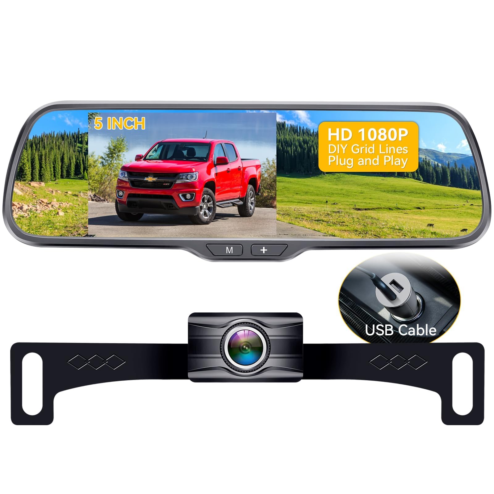 Reversing Camera for Car HD 1080P 5 Inch Mirror Monitor Support Two Video Channels Rear View Mirror Cameras ONE-Wire Plug and Play for Car Van Caravan Truck Rohent N01