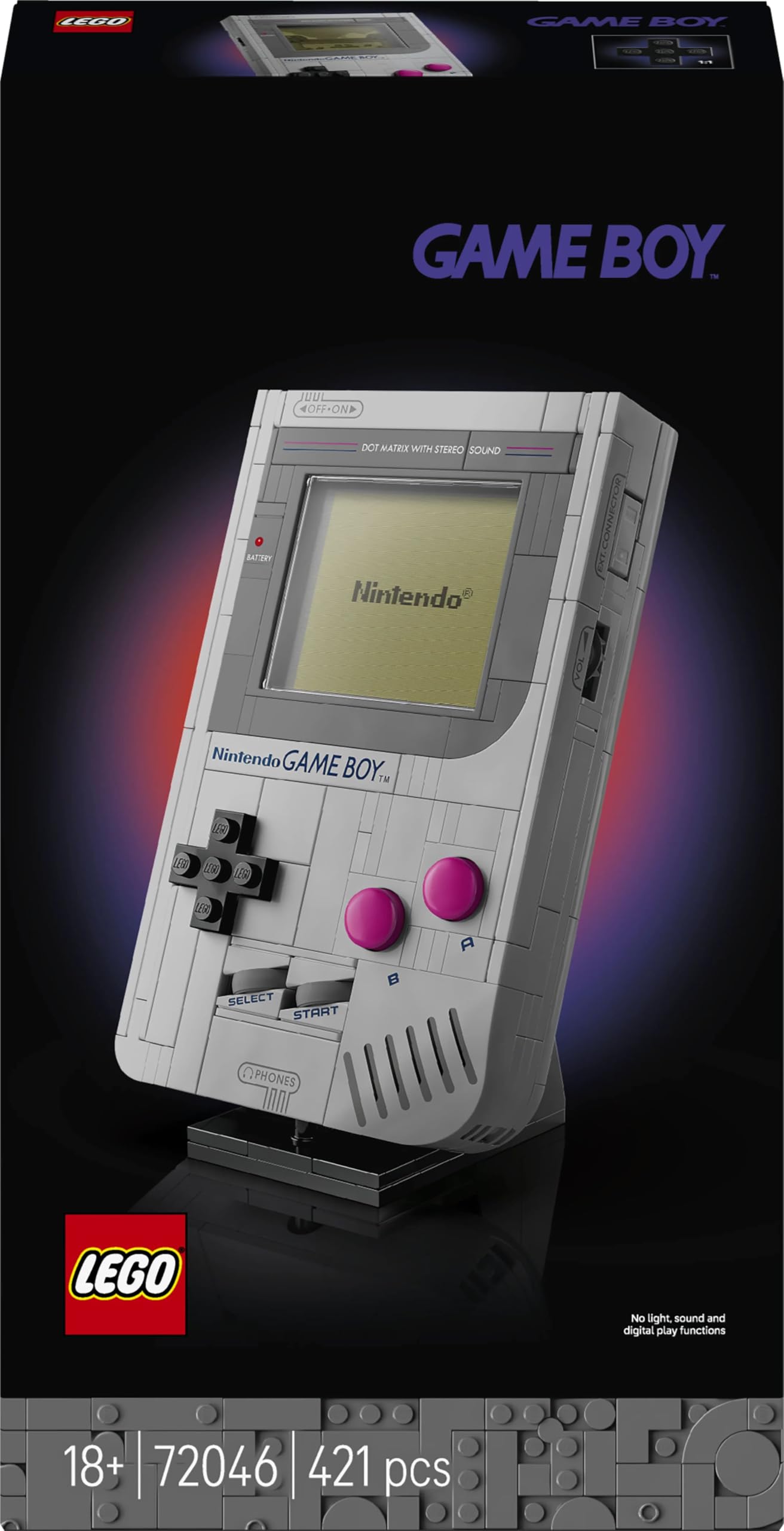 LEGO Game Boy, zestaw dla dorosłych, pomysł na prezent dla graczy, model kolekcjonerski dla mężczyzny i fanów retro gier Nintendo, replika konsoli z Game Pakami i ekranami soczewkowymi 72046