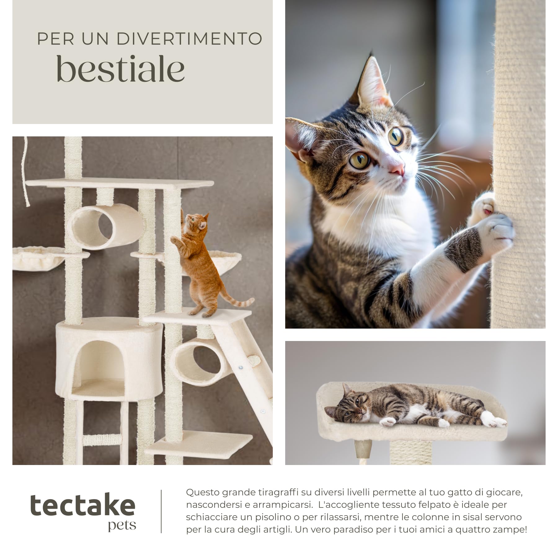 Tectake® Tiragraffi XXL per Gatti Con Cuccette Morbide, Colonne in Sisal, Topolino Giocattolo, Amaca - Albero Con Giochi, 261 cm - Beige