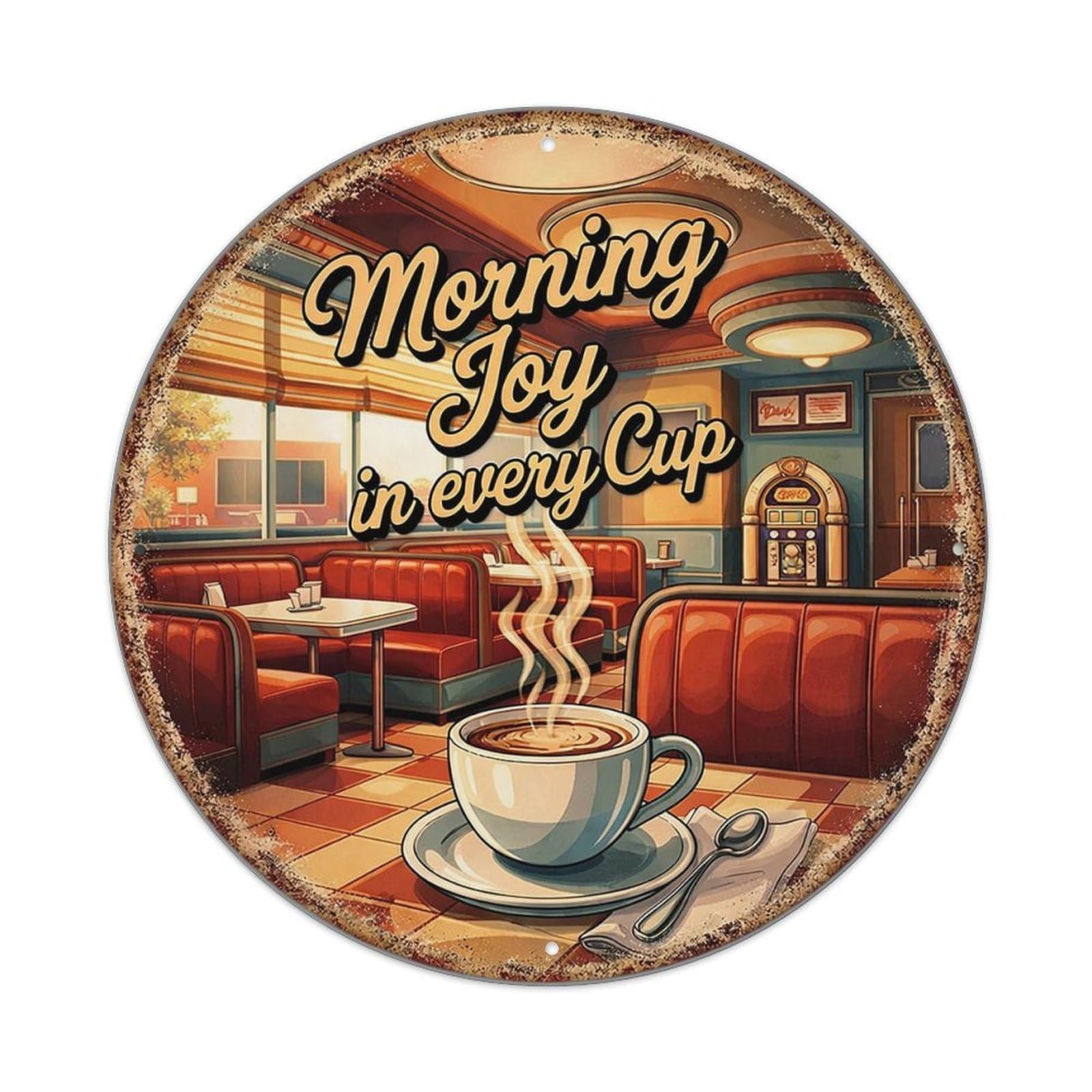 Retro Diner Coffee Cup Art Vintage Round Tin Sign Retro Metal Wall Decor Metal Poster, Home Bar Garage Cafe Wall Art Decoration 8x8Inches