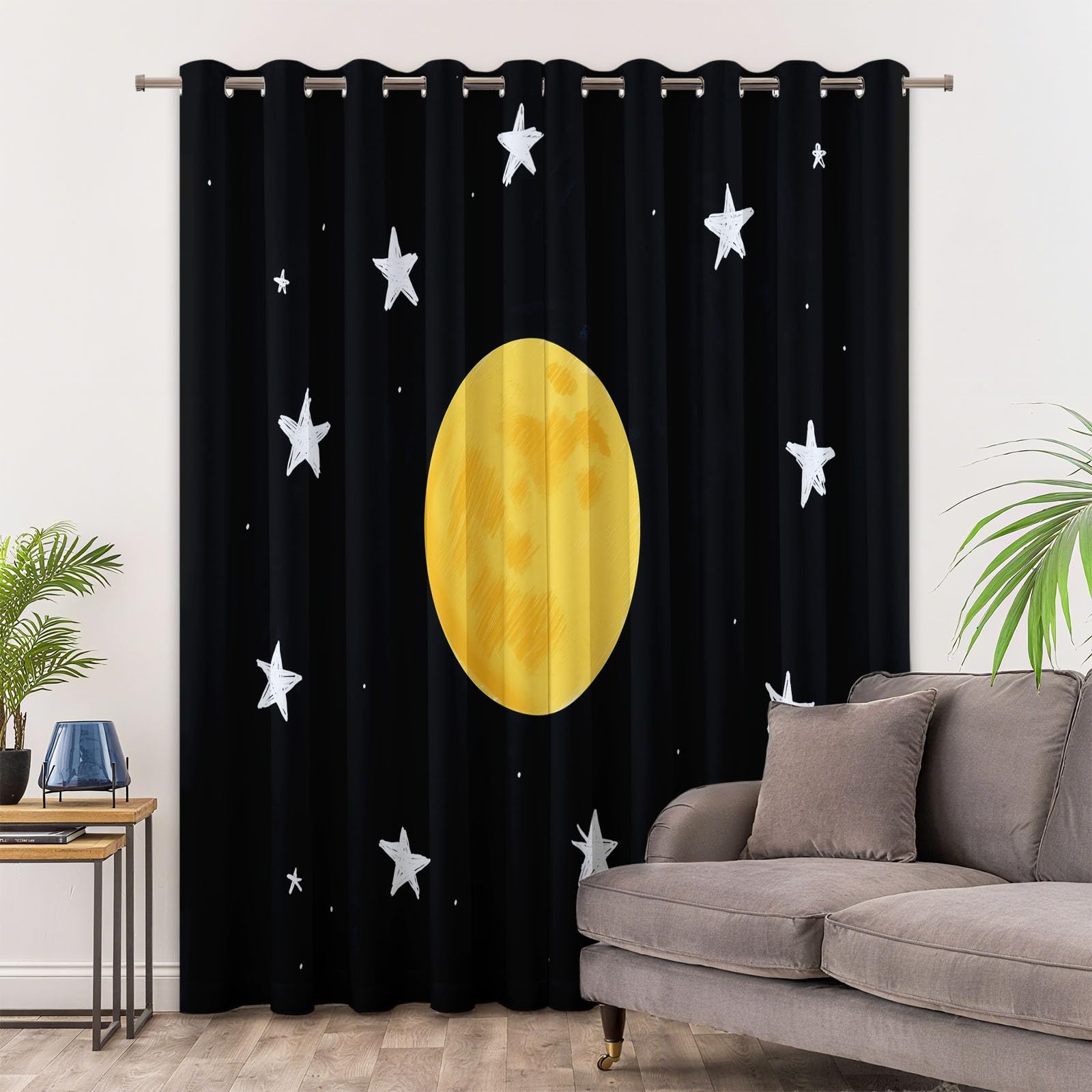Cortinas Opacas Termicas Aislantes Frio y Calor de Casa Cortina 100% Blackout Libro Ilustrado Infantil Estrellas Y Luna, Acustica con Ojales para Salon Dormitorio 2 Piezas, Negro, 91.5 x 214 cm