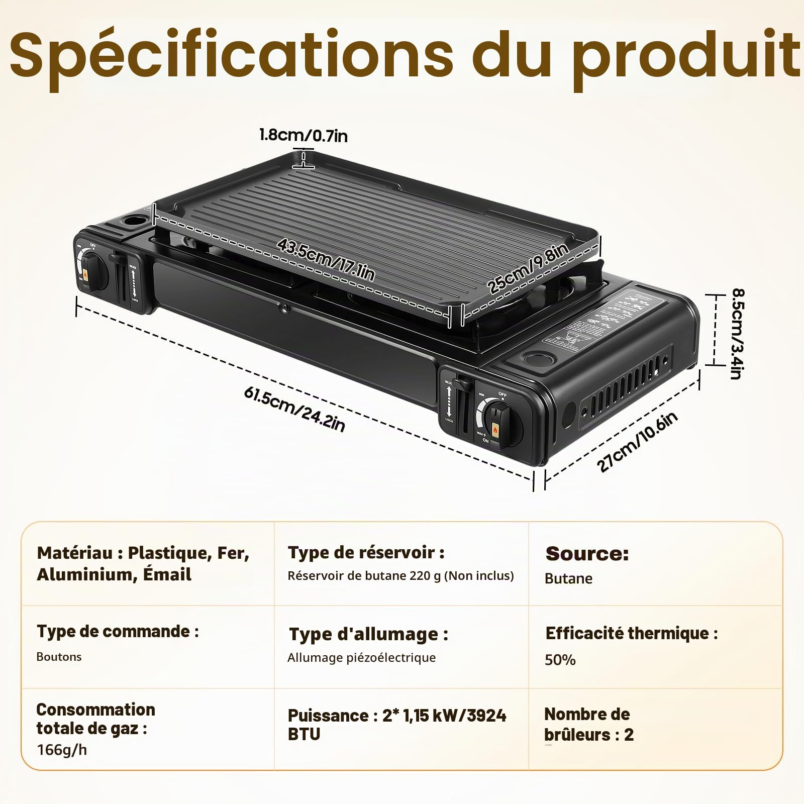 Réchaud à gaz portable d'extérieur à 2 feux avec plaque de cuisson | 50 % d'efficacité thermique et plaque de cuisson lavable au lave-vaisselle (43,5 x 25 cm) pour camping/balcon avec soupape de