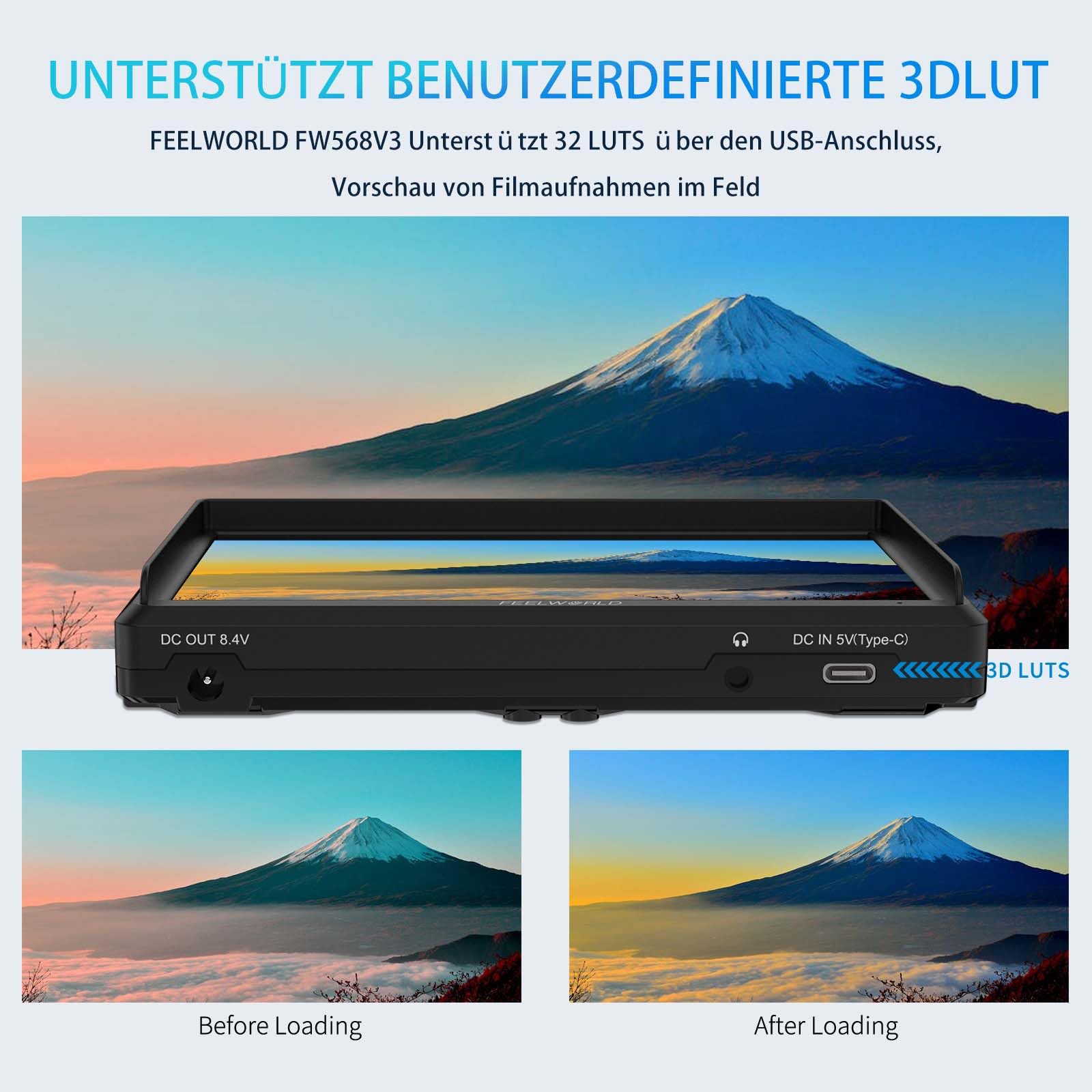 FEELWORLD FW568V3 6 Zoll Kamera FeldMonitor 4K HDMI DSLR Video Externer Monitor 3DLUT mit F550 Akku Kameratasche Sonnenschirm Peaking Histogramm für DSLR
