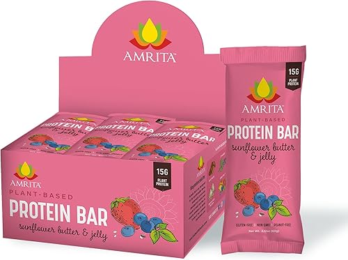 Amrita Mantequilla de girasol y gelatina vegana, sin gluten, barras altas en proteínas 0.53oz de proteína a base de plantas, alta fibra, sin maní y
