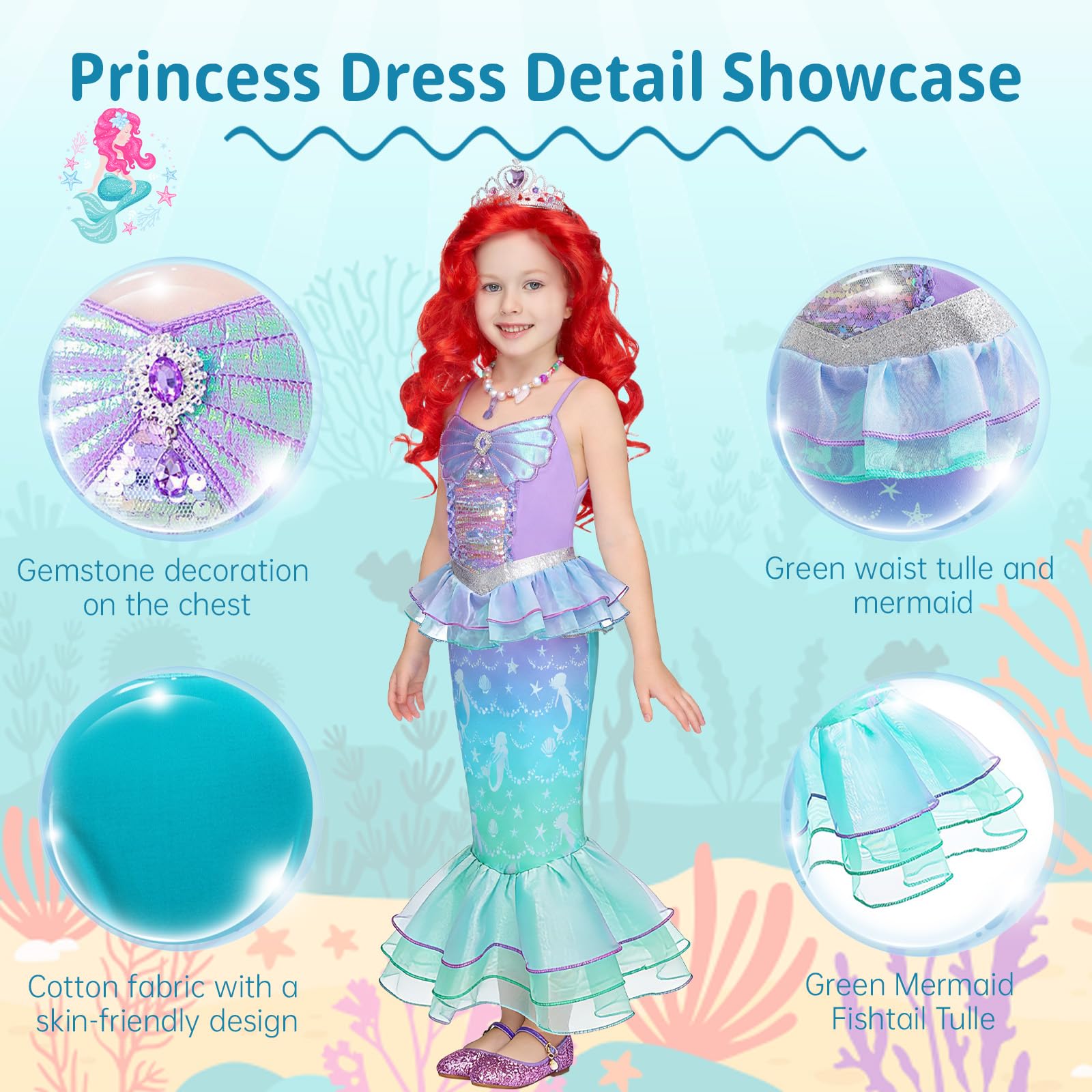 Disfraz Vestido Sirenita Niña, Cola de Sirena Niña con Varita Mágica, Corona y Peluca, Vestido de Sirena para Carnaval, Halloween, Fiestas de Disfraces y Otras Celebraciones