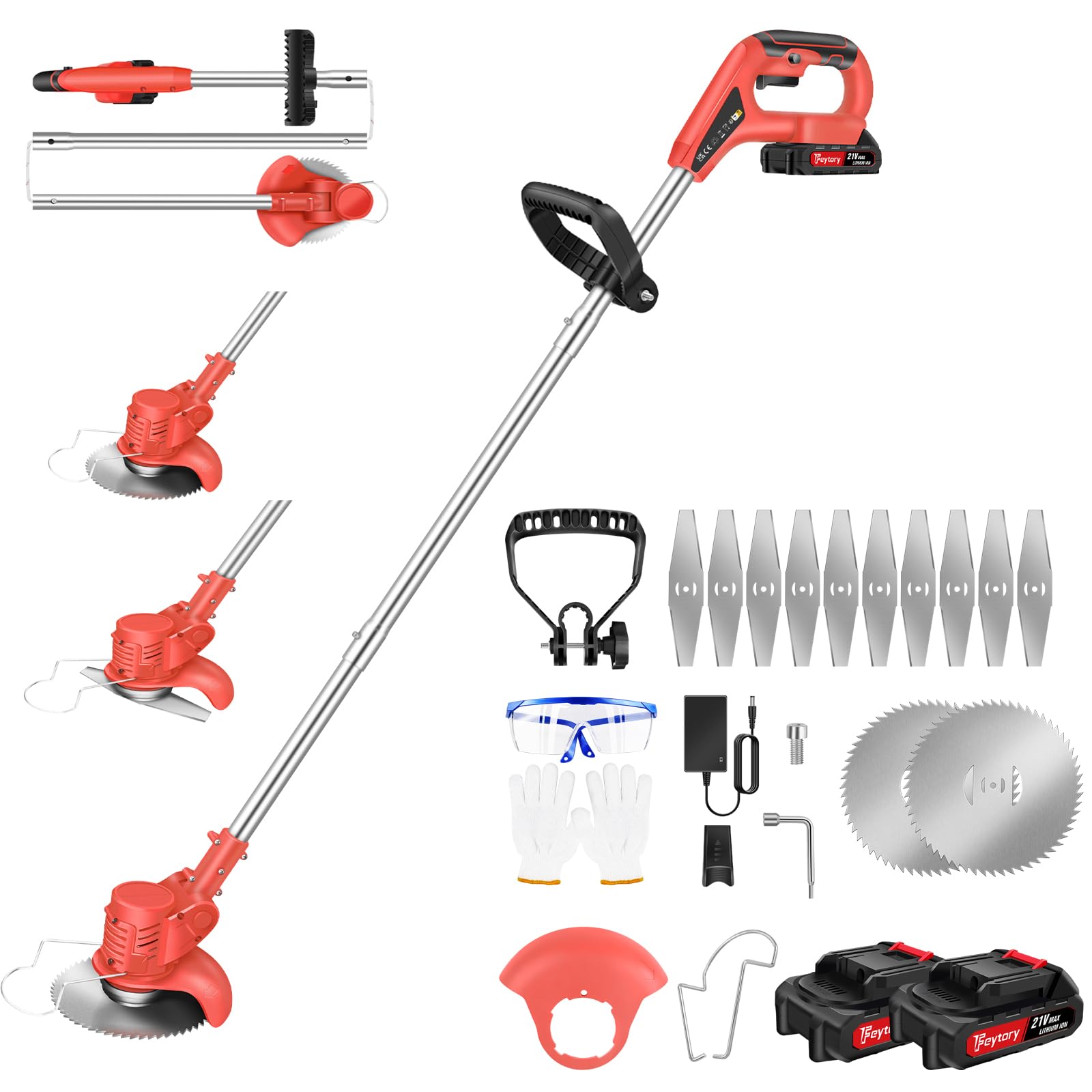 Cordless Grass Trimmer – 21V Electric Lawn Trimmer/Edger for Flower Beds & Lawns – 2x 1.5Ah Battery, Foldable design, 12x Metal Blades, Rotating/Swivel Head, for Lawn Edger Pruning Weed