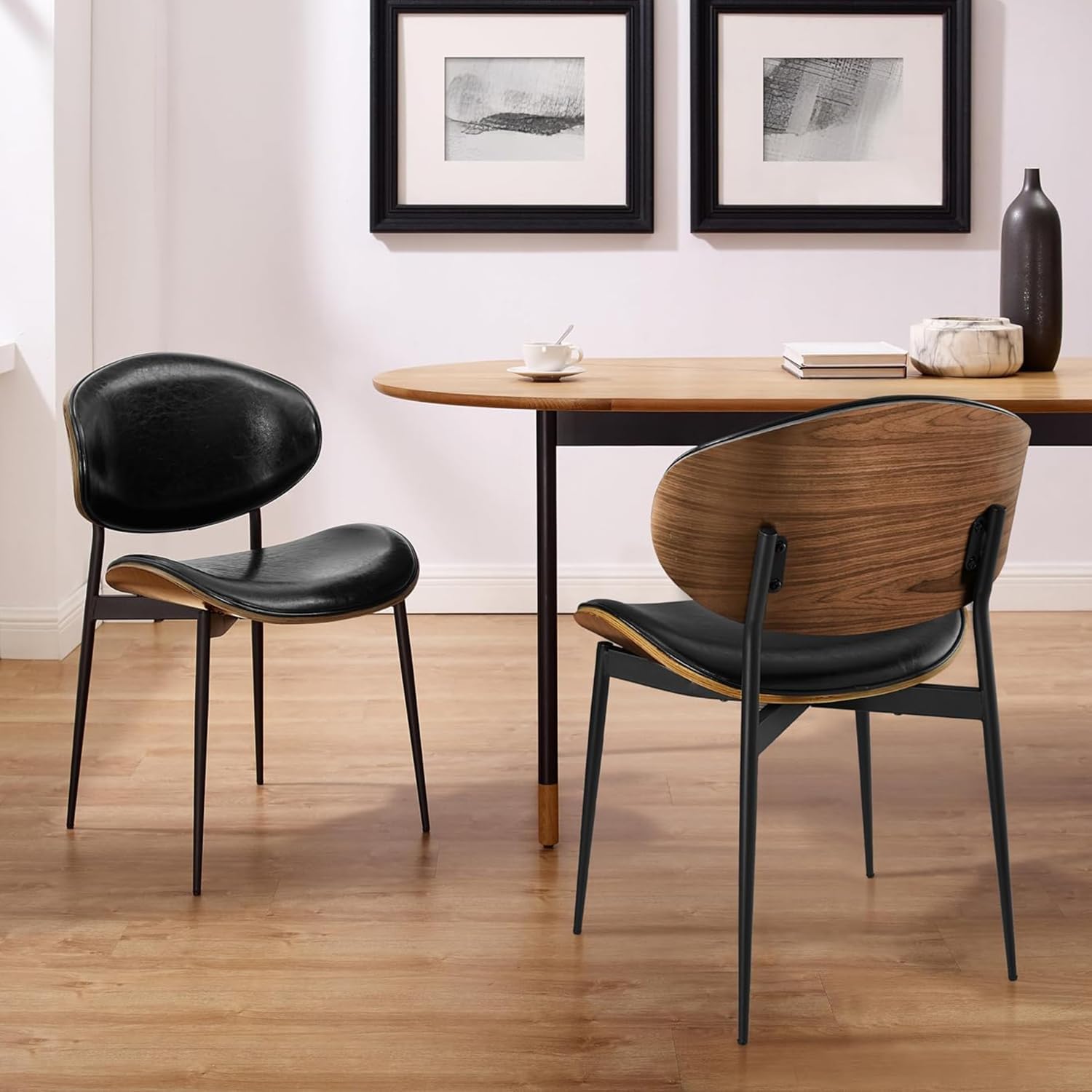 Mid Century Modern Dining Chairs Set of 2 Armless Accent Black | Faux Leather Walnut Curved Back Contoured Foam Seat Metal Legs Floor Protectors Easy-Clean Upholstery Versatile Room Use