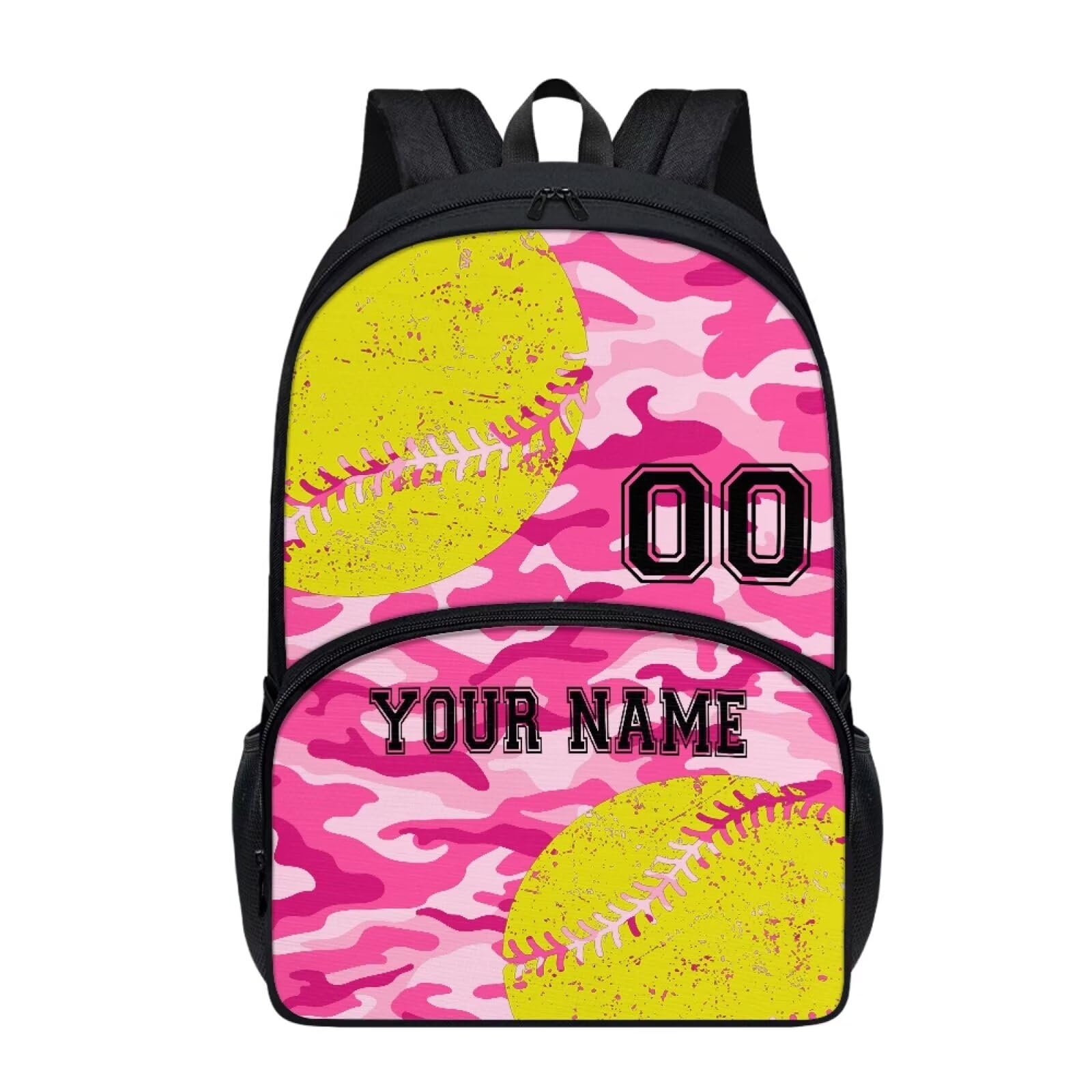 Howilath Custom Backpack for Girls Pink Camo Softball Kids Back to School Bookbag, 17 Inch Sport Lovers Backpack Fashion Bookbags Shoulder Bag