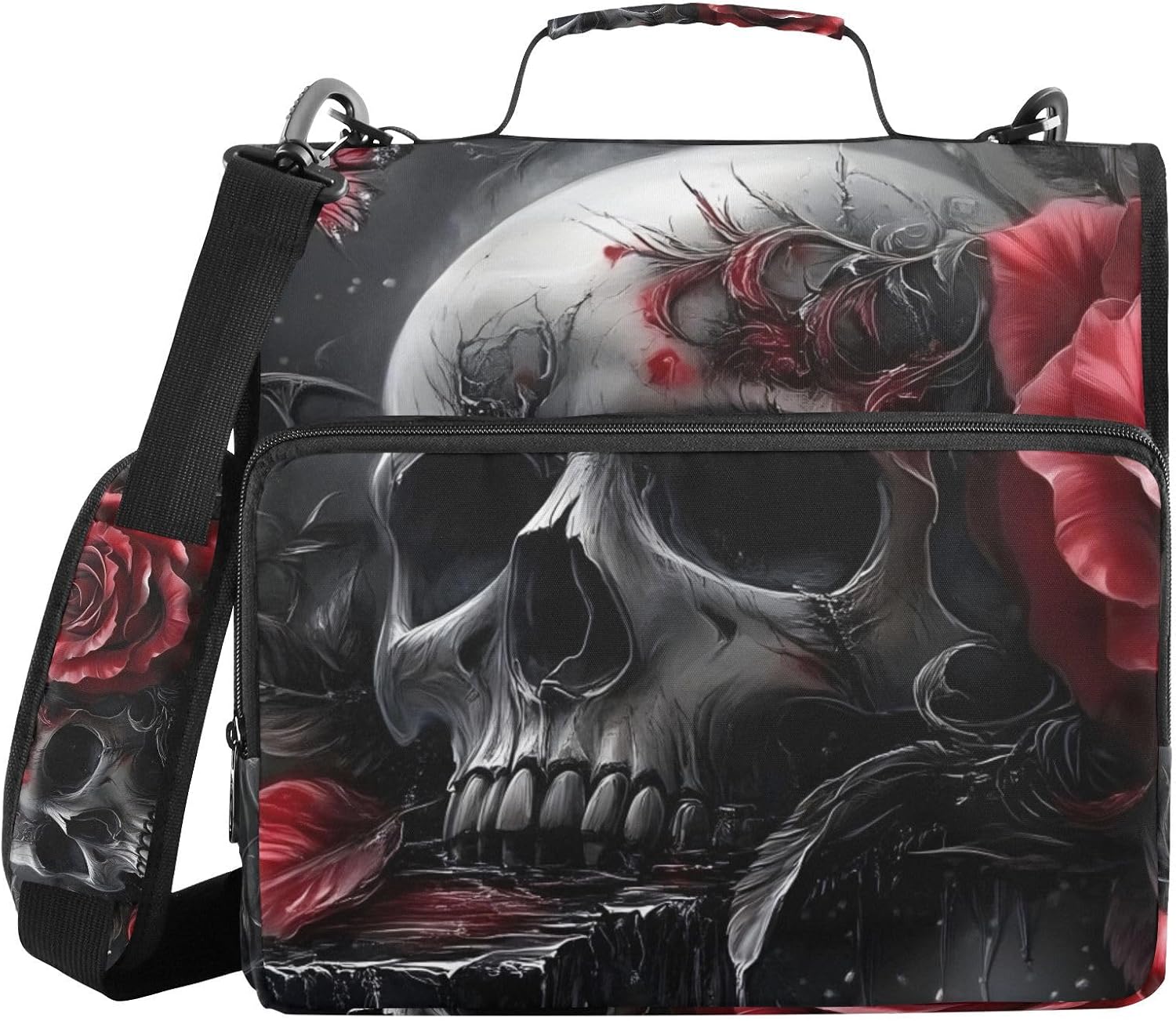 Zipper Binder Skull Rose Gothic - 1.5” D-Rings, Shoulder Strap, 500 Sheet Capacity, Multiple Pockets & Storage Organizer, Compatible with 13” Laptop Tablet