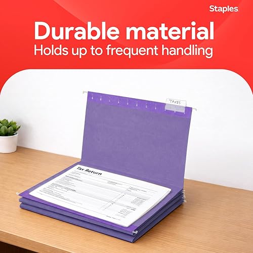 Miniatura 6 de Staples Carpetas colgantes para archivos, tamaño carta, morado, pestañas de corte 1/5, resistentes al desgarro, incluye pestañas e insertos
