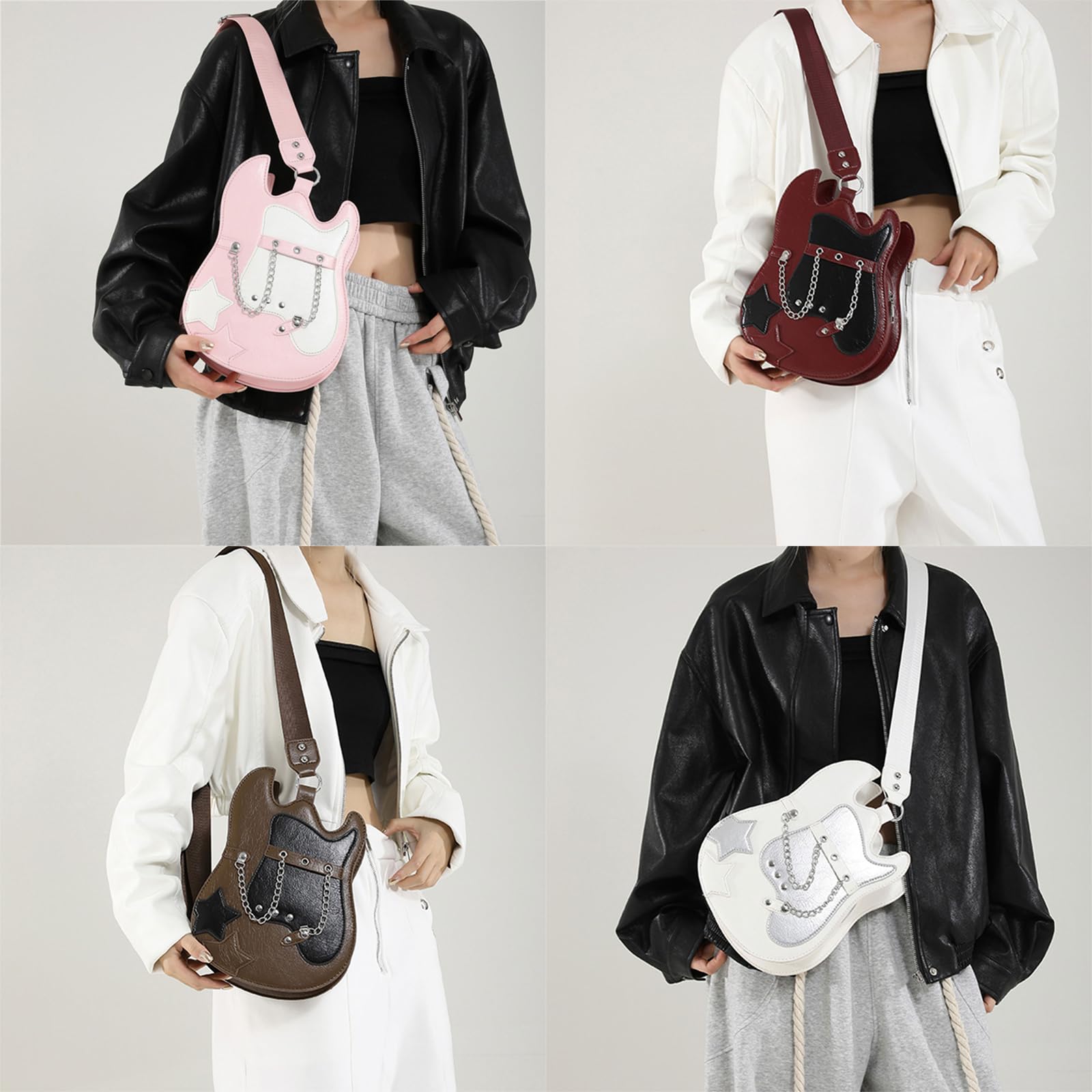 SURPRISE PIE Women's Guitar-Shaped Crossbody Bag - Rivet Decor, Adjustable Strap, Anti-Theft