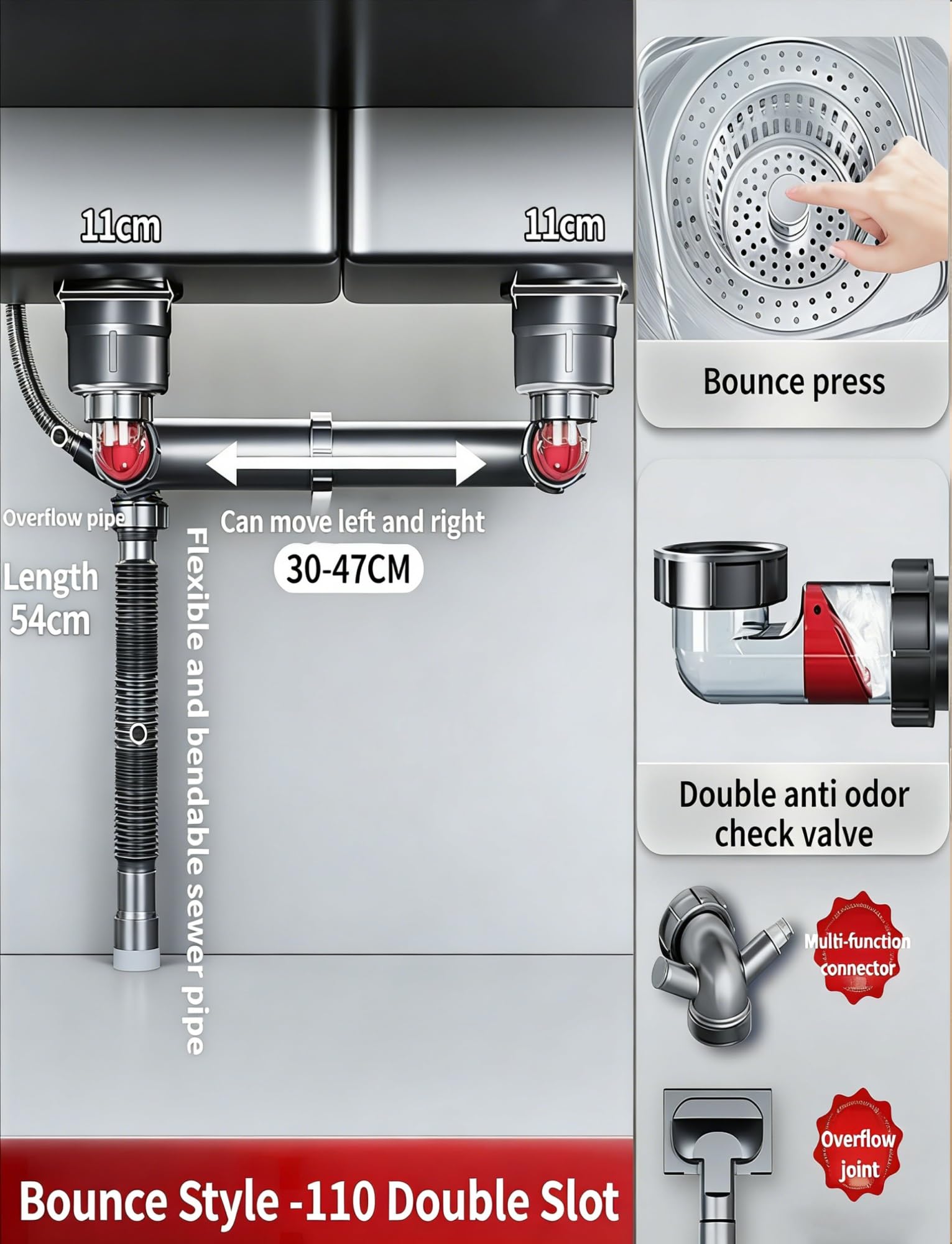 Kit di scarico per lavello da cucina con tappo pop-up, tubo flessibile e regolabile a P e troppopieno, rilascio rapido a pulsante