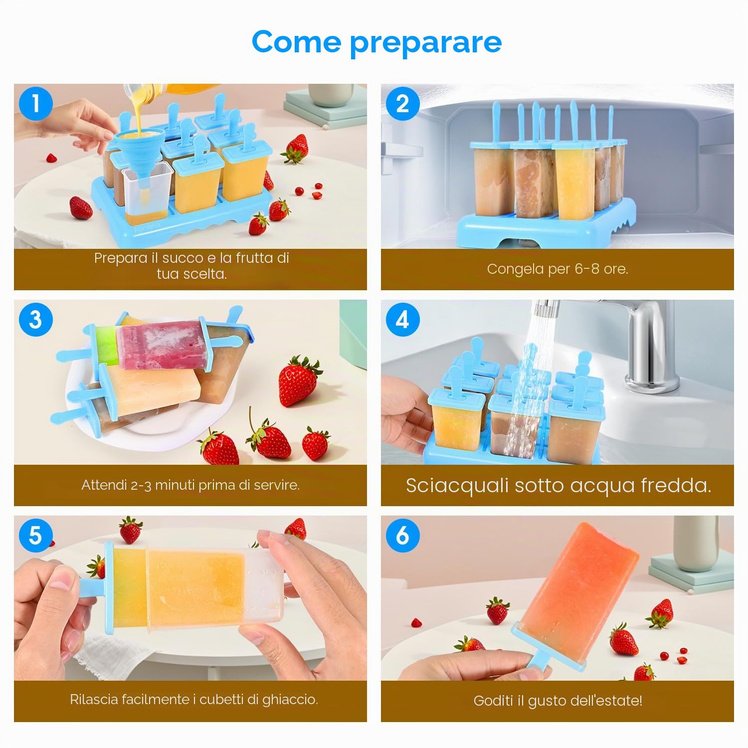 Stampi per Ghiaccioli 9 Cavità, Senza Bisfenolo A, Grado Alimentare, Set Stampini Gelato DIY con Spazzola e Imbuto