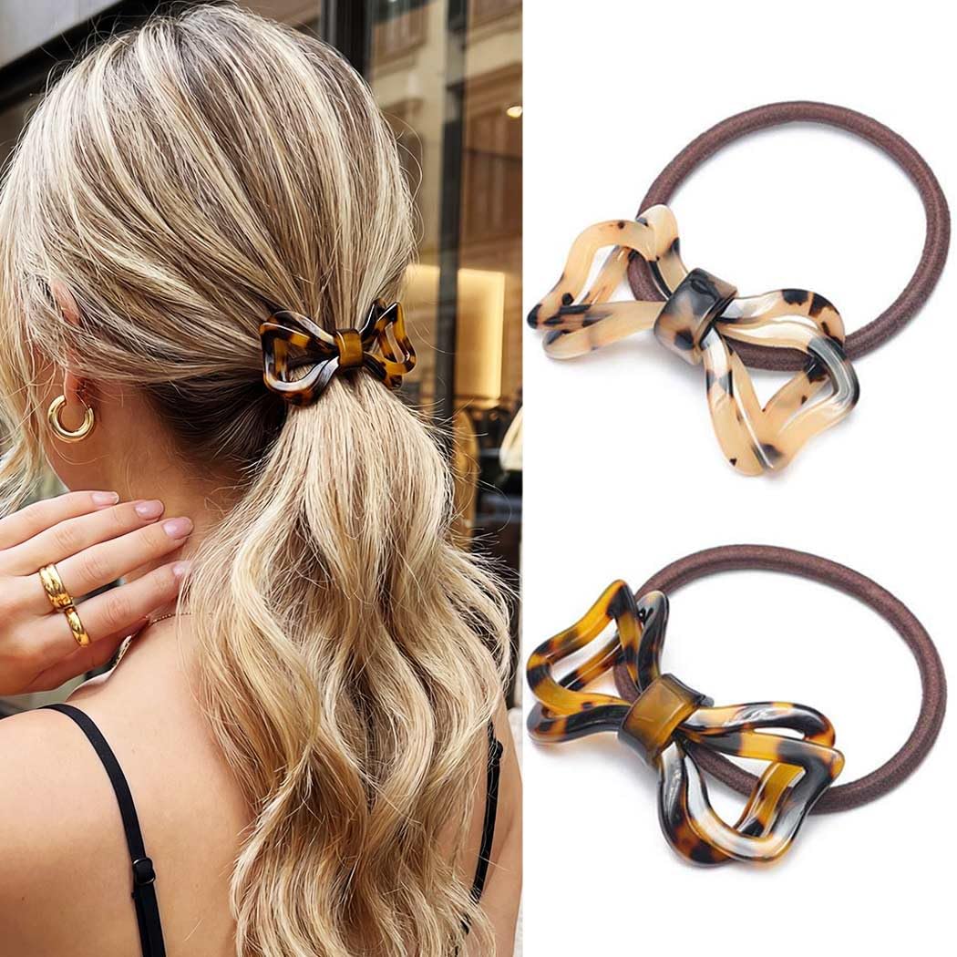 CAKURE Bow Hair Ties Tortoise Shell Ponytail Holder Bow Hair Accessories for Women and Girls (Pack of 2)