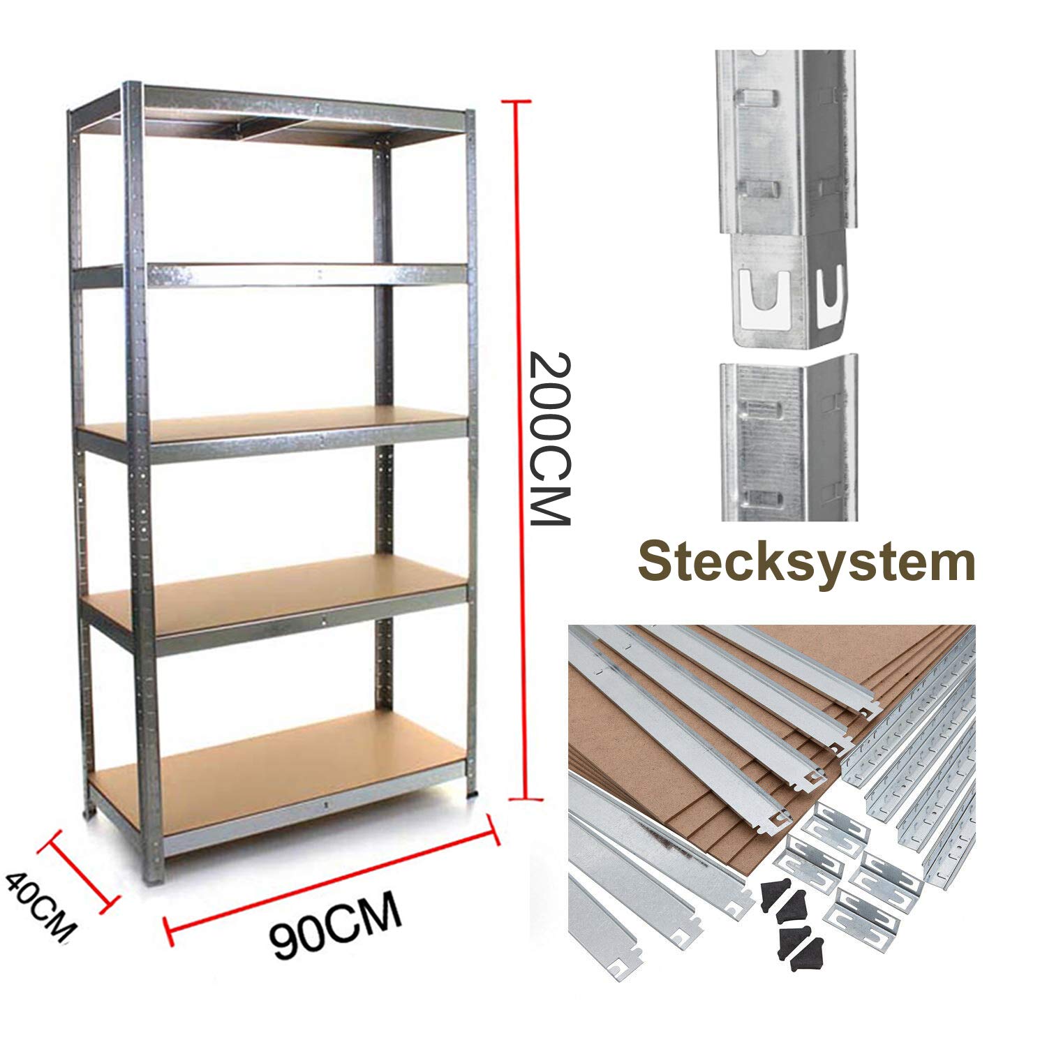 Regał magazynowy do dużych obciążeń, metalowy, 200 x 100 x 50 cm, regał wtykowy z 5 półkami, regał z regulacją wysokości – obciążenie do 875 kg, regał do piwnicy, regał na opony, systemy regałowe, regał warsztatowy, galwanizowany