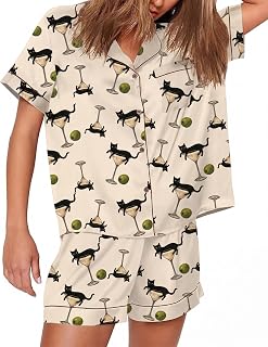 Womens Satin Pajamas Set Espresso Martini Silk Pjs Short Sleeve Loungewear | Martini Glass Printed Pajama, Silky Satin Pajamas, Classic 2 Piece Matching Loungewear, Girls Night in Loungewear