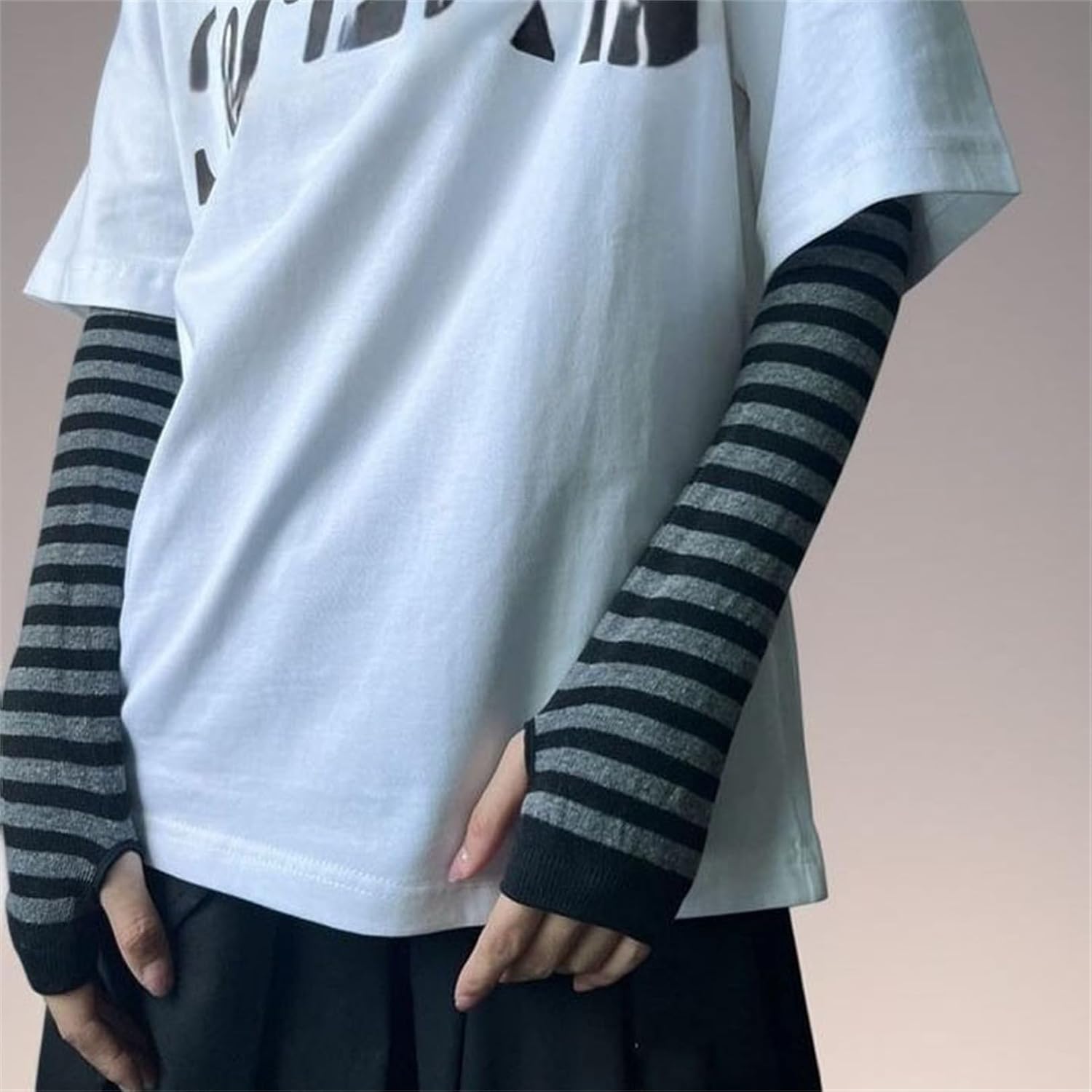 Punk Grunge Stripe Long Arm Warmers Women Knitted Fingerless
