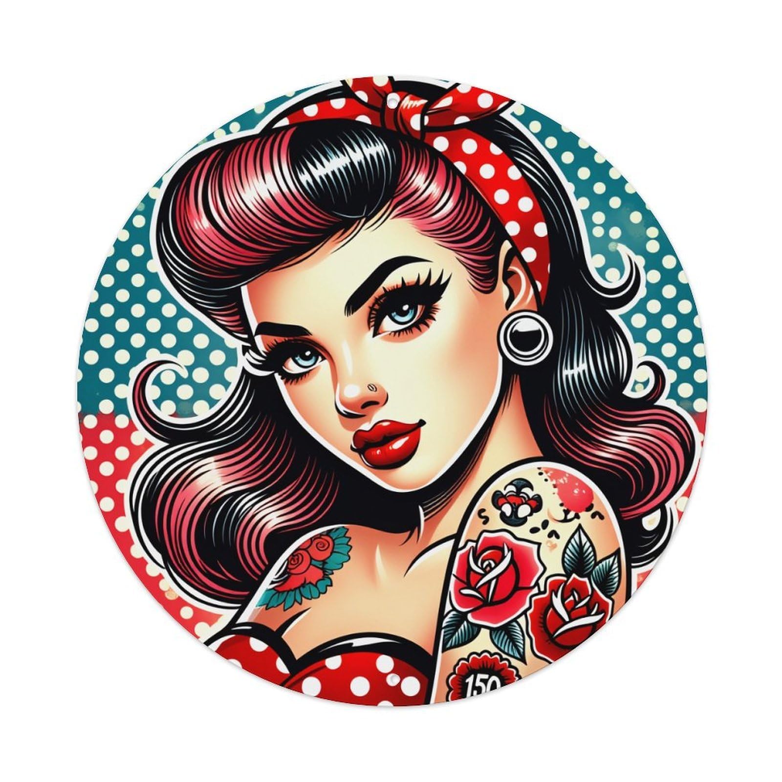 Polka Dot Background Red Rose Tattoo Round Tin Sign Retro Metal Sign for Cafe Bar Pub Home Game Room Gym Club Wall Decoration Vintage Metal Poster 8x8 Inch