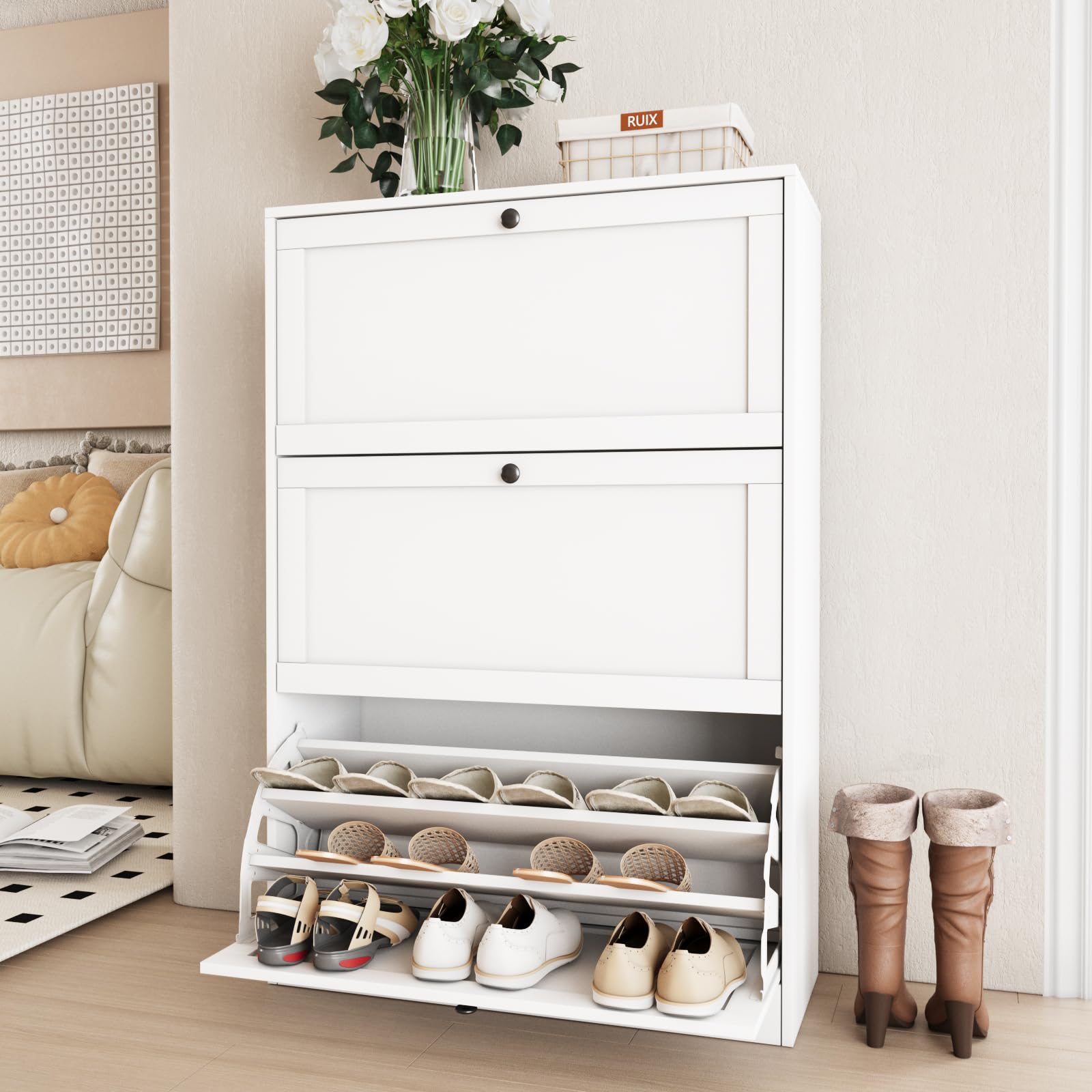 VOWNER Scarpiera Salva spazio Slim in Legno, Scarpiera Portascarpe in Legno, Regolabili, Con Anta a Ribalta Tripla e Tripla Profondita, 80x117x30 cm (LxAxP),Bianco
