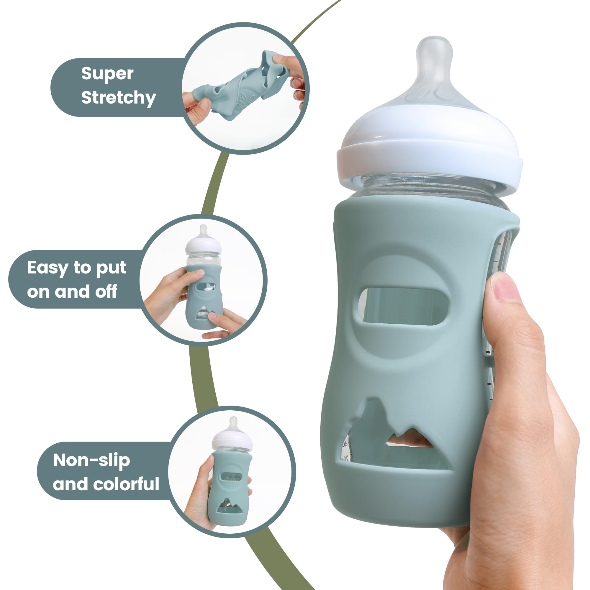 Lot de 4 manchons en silicone pour bouteille Philips Avent Natural, housse en silicone de qualité alimentaire et 4 bouchons de voyage, couvercles de rechange (bleu foncé + vert foncé + gris +