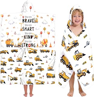 Peryiter 2 Pcs Construction Truck Hooded Bath Towel Cute Excavator Bulldozer Print Microfiber Absorbent Hooded Wrap Towel Quick Dry Soft Toddler Beach Pool Shower Blanket, 58 x 28 Inches