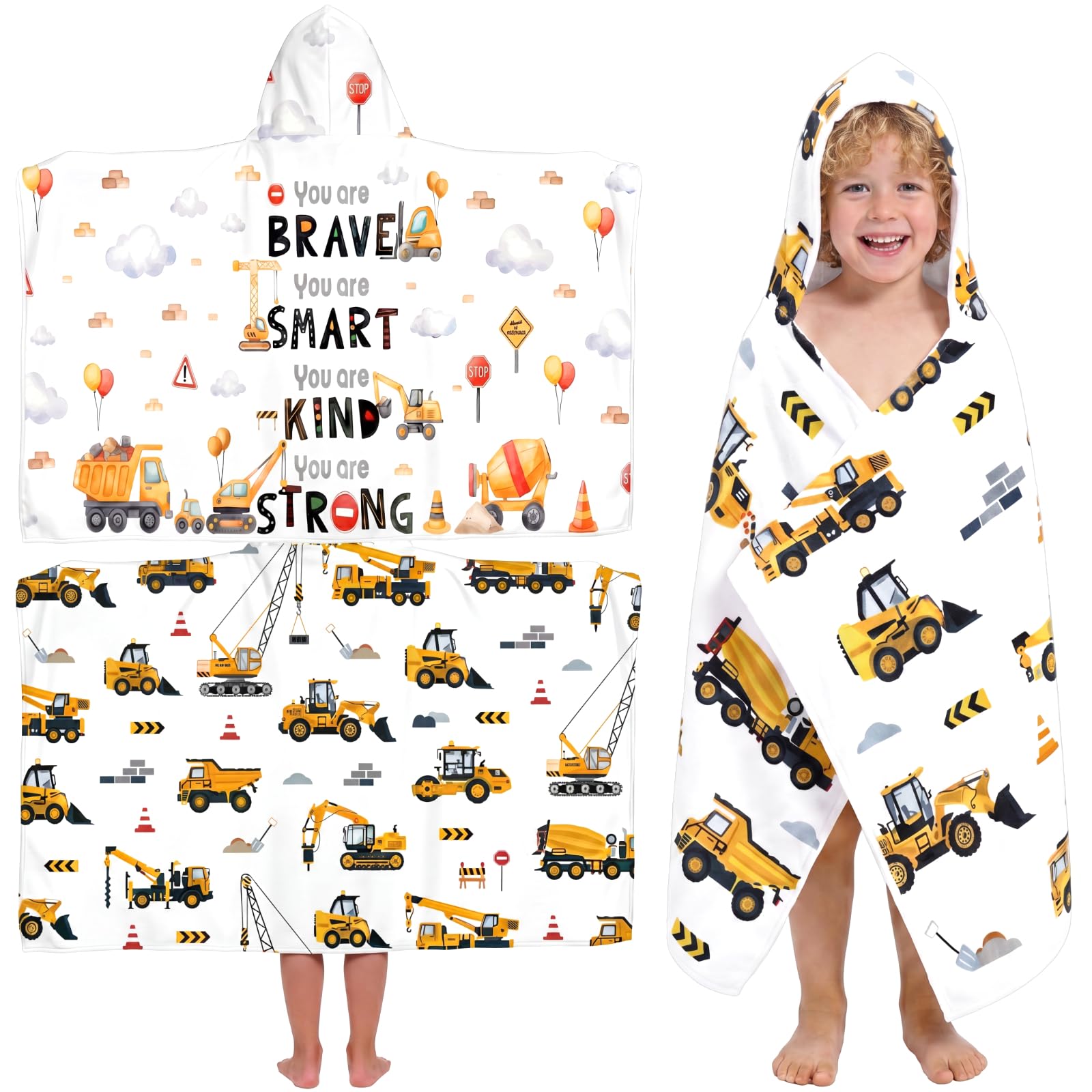 Peryiter 2 Pcs Construction Truck Hooded Bath Towel Cute Excavator Bulldozer Print Microfiber Absorbent Hooded Wrap Towel Quick Dry Soft Toddler Beach Pool Shower Blanket, 58 x 28 Inches