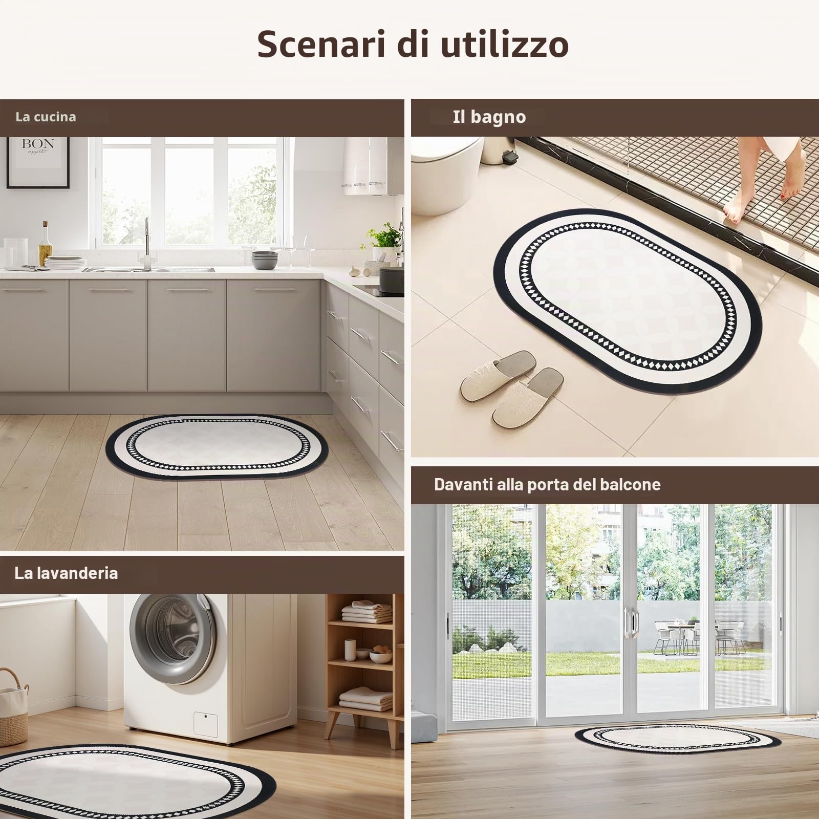 Tappetino da bagno antiscivolo e assorbente per diatomee, ovale, con motivo geometrico in bianco e nero