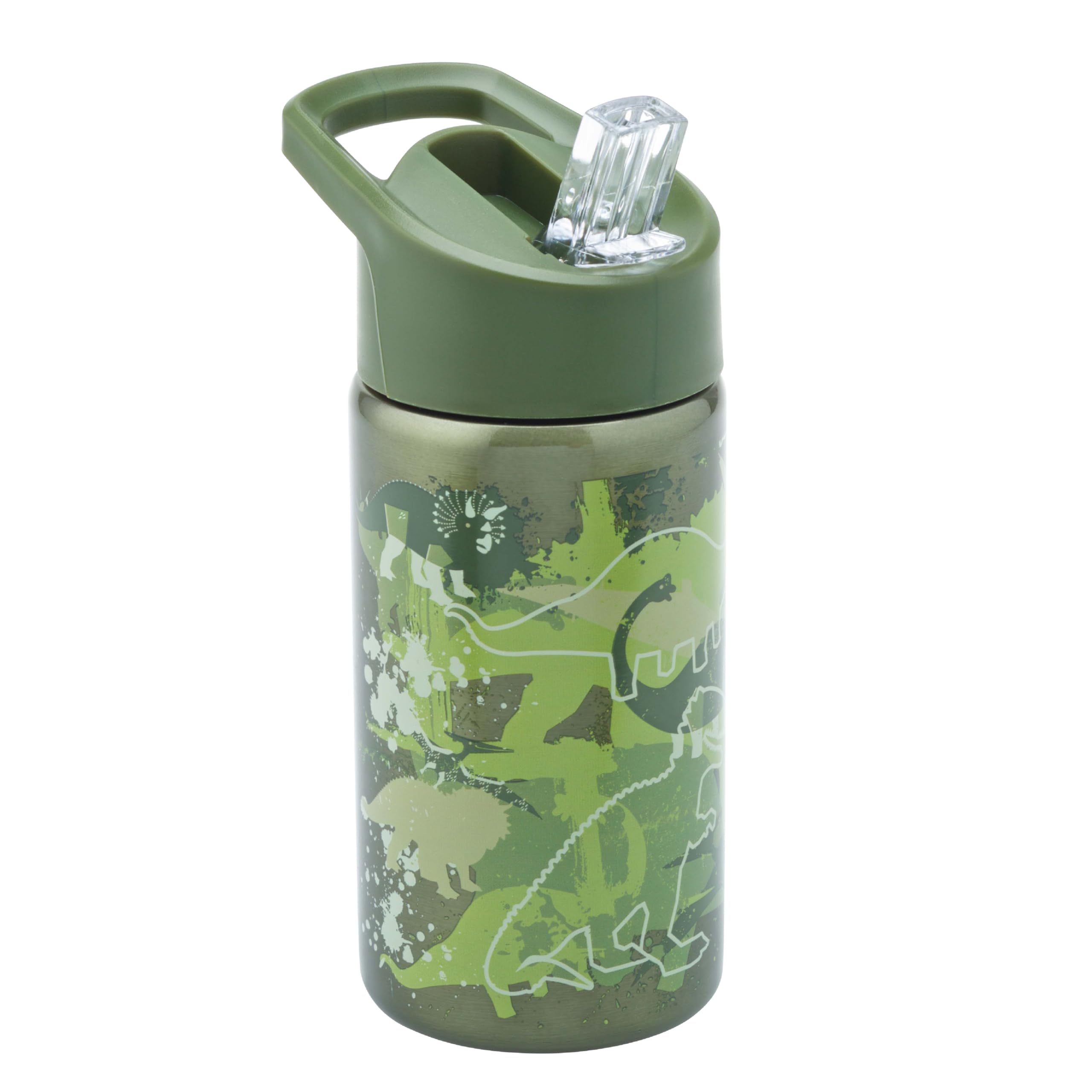 Smash Stainless Steel Drink Bottle with Flip Top Lid and Straw - Dino 500ml, Green