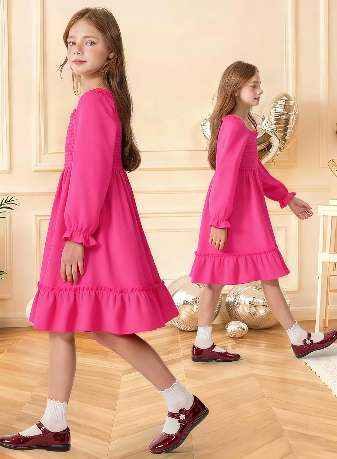 Girls Spring Dress Lantern Long Sleeve Square Neck Ruffle Dress Kids Easter Dress 5-14Y - Image 5
