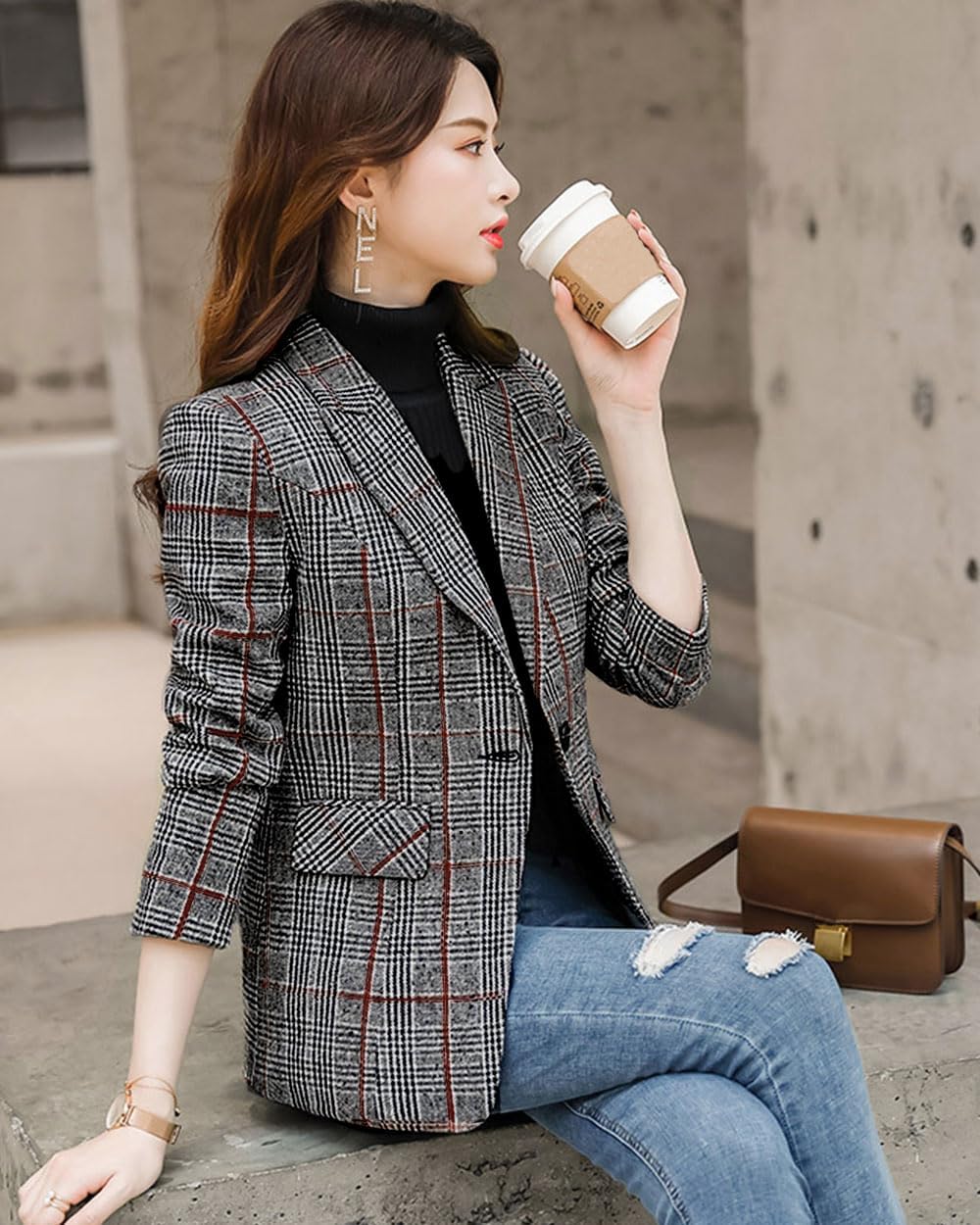 ebossy Women's Notch Lapel 2 Button Boyfriend Blazer Suit Houndstooth Plaid Jacket Coat - Image 2