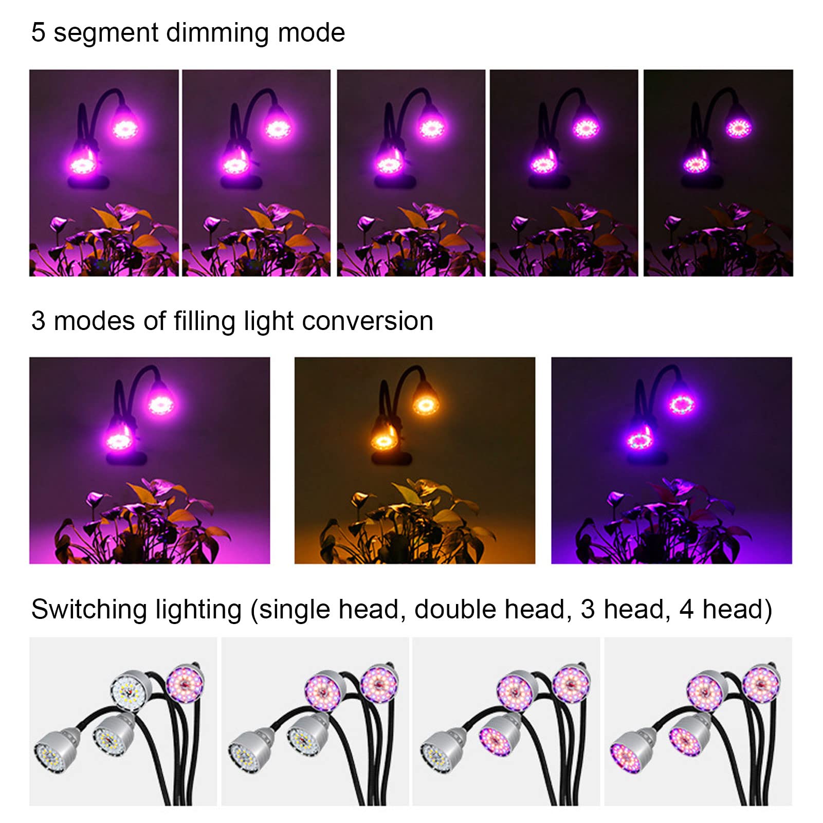 Luz de Crecimiento, luz de Crecimiento LED para Plantas de Interior, luz de aleación de Aluminio de Crecimiento LED 4 Cabezas Luz de Planta USB Ajustable y Flexible con Clip para Interiores