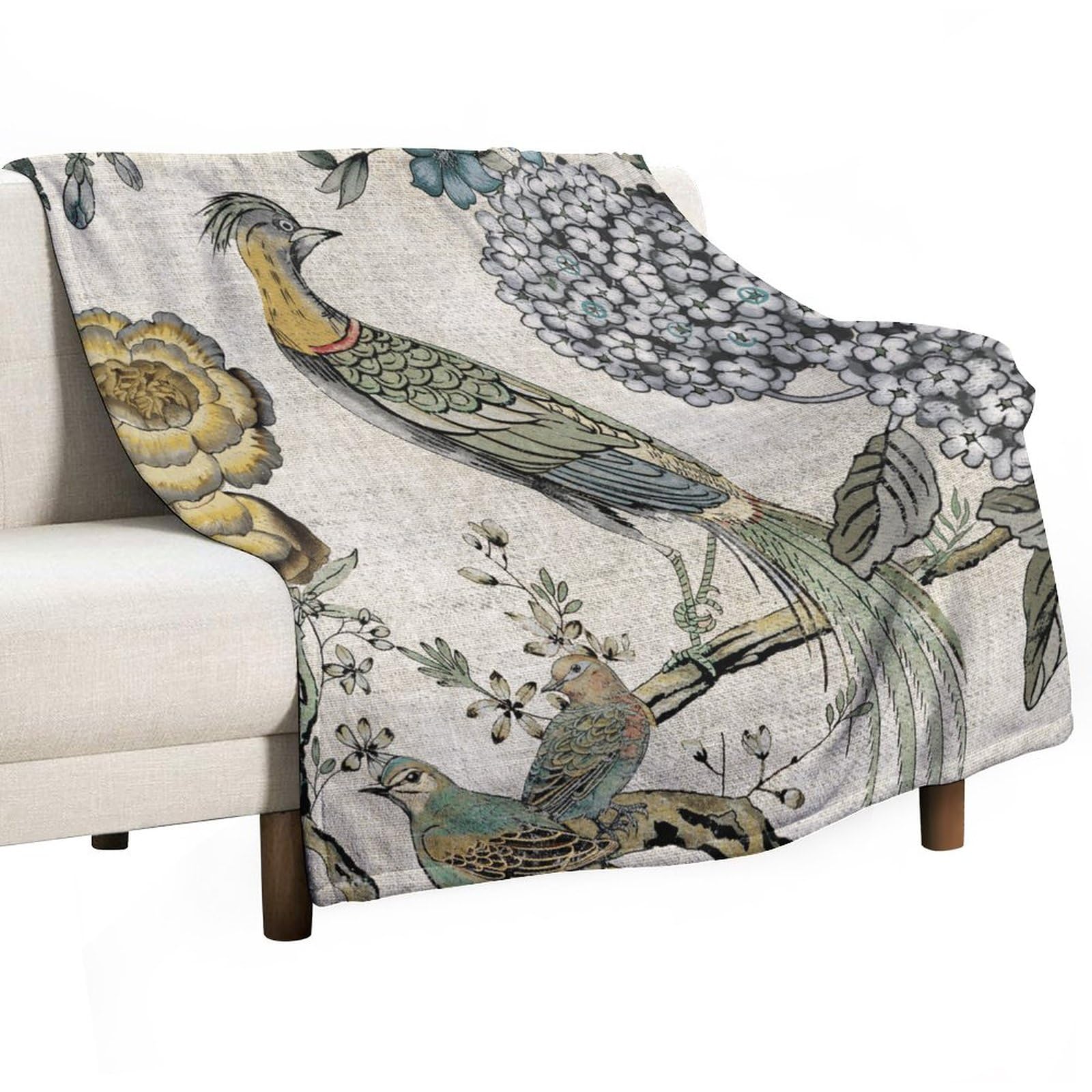 Couverture polaire oiseau chinoiserie chaude et légère pour lit adulte