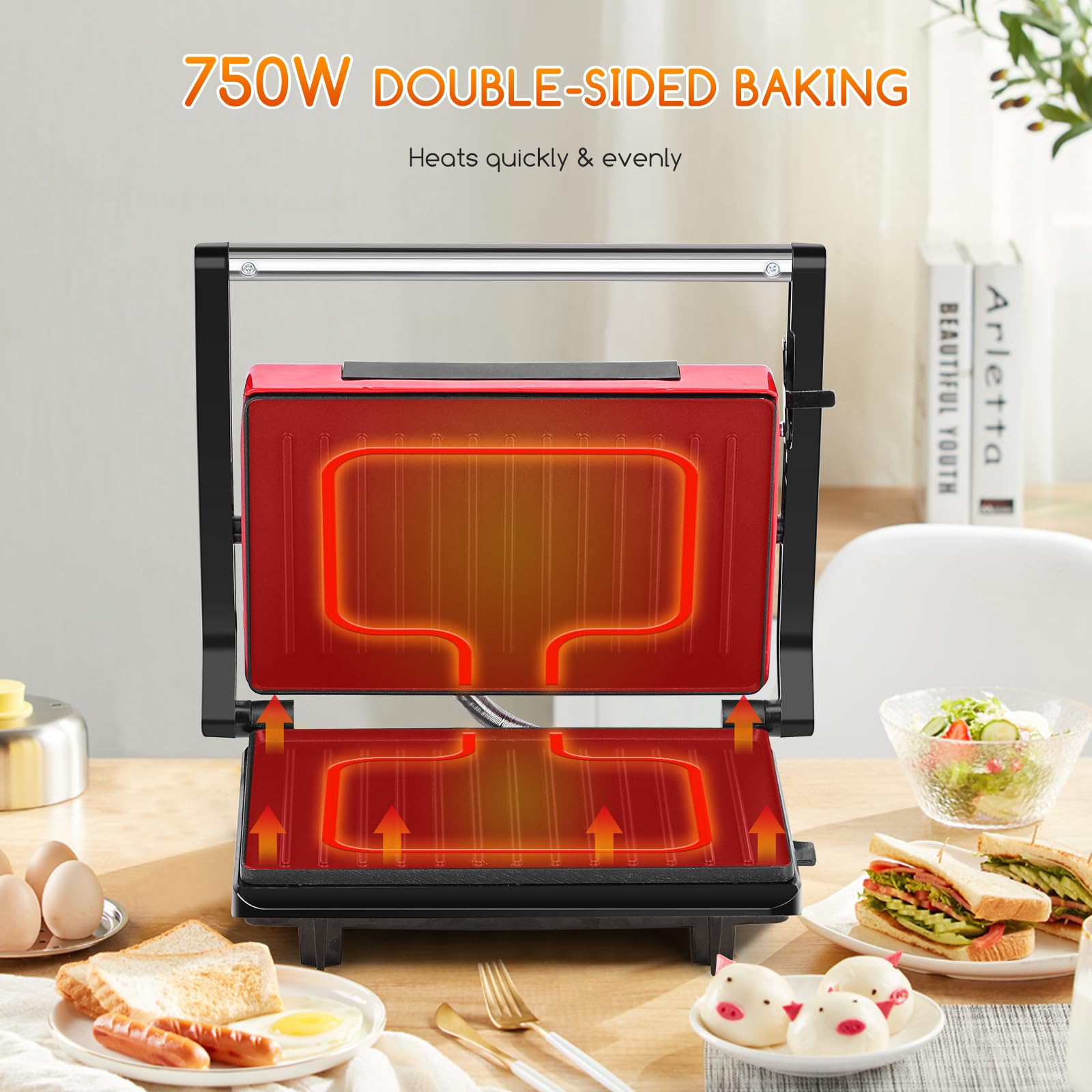 Aigostar Warme 30HHH – Opiekacz Panini/Grill kontaktowy, 700 W, Nienagrzewająca się rączka, Powłoka nieprzywierająca, Wskaźnik pracy, bez BPA, Czerwony, Ekskluzywny Design.